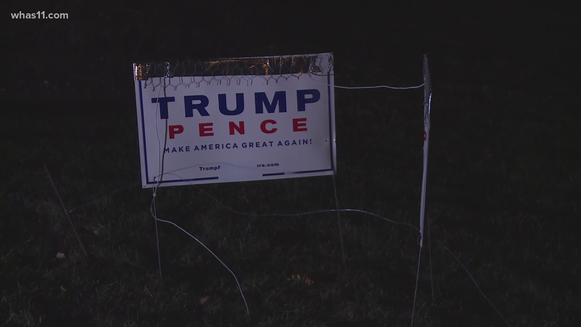Two residents in Louisville, Kentucky ordered to disconnect electricity to device on Trump campaign signs design to give electric shock to anyone stealing them.