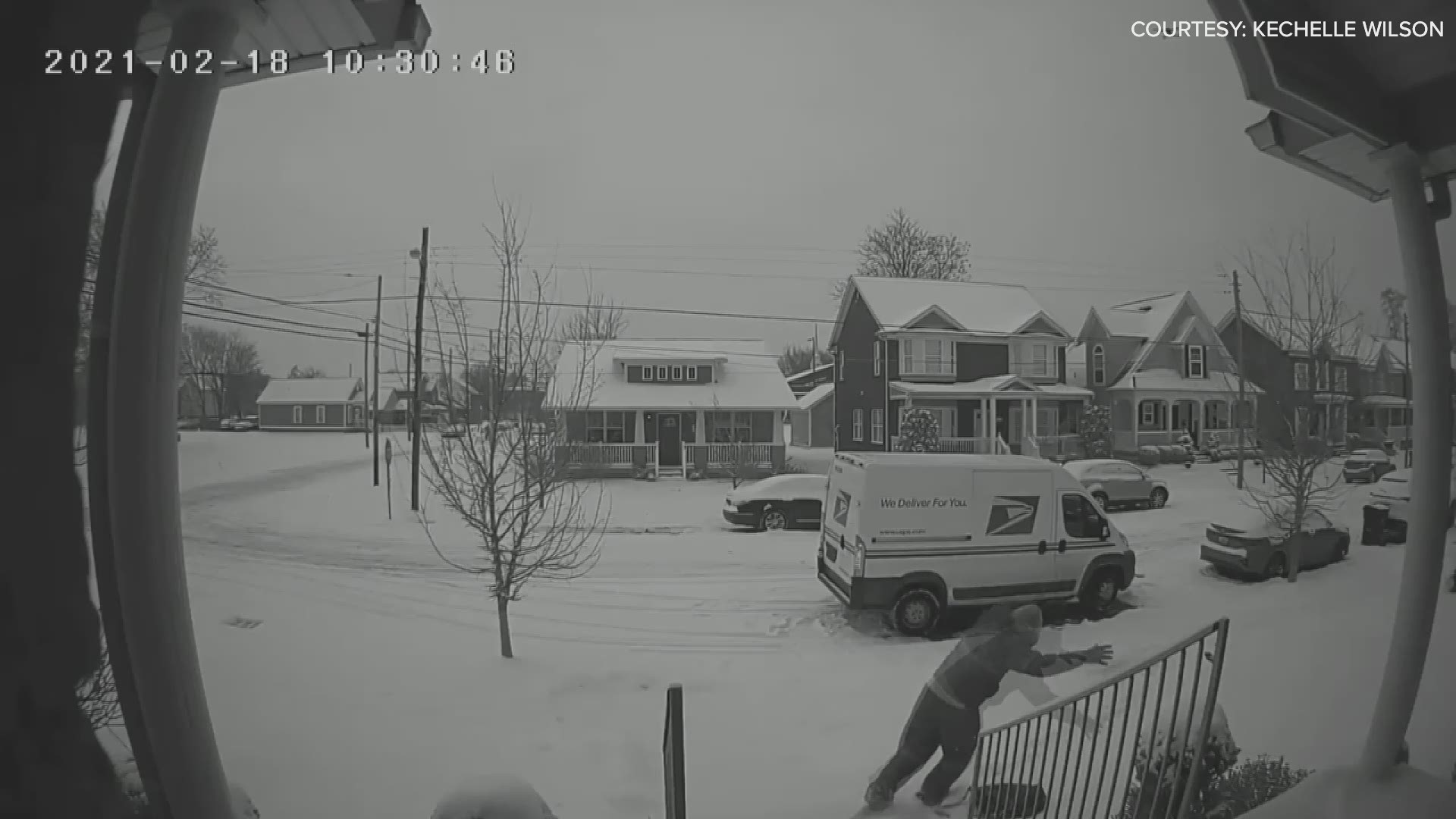 What does your mailman do when there's a fresh coat of snow in your yard? A Louisville woman's newly installed surveillance camera captured one making a snow angel.