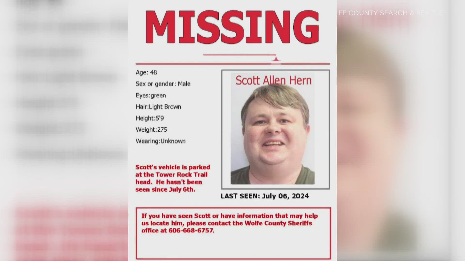 Authorities say 48-year-old Scott Hern went missing on July 5 while looking for waterfalls at Red River Gorge.