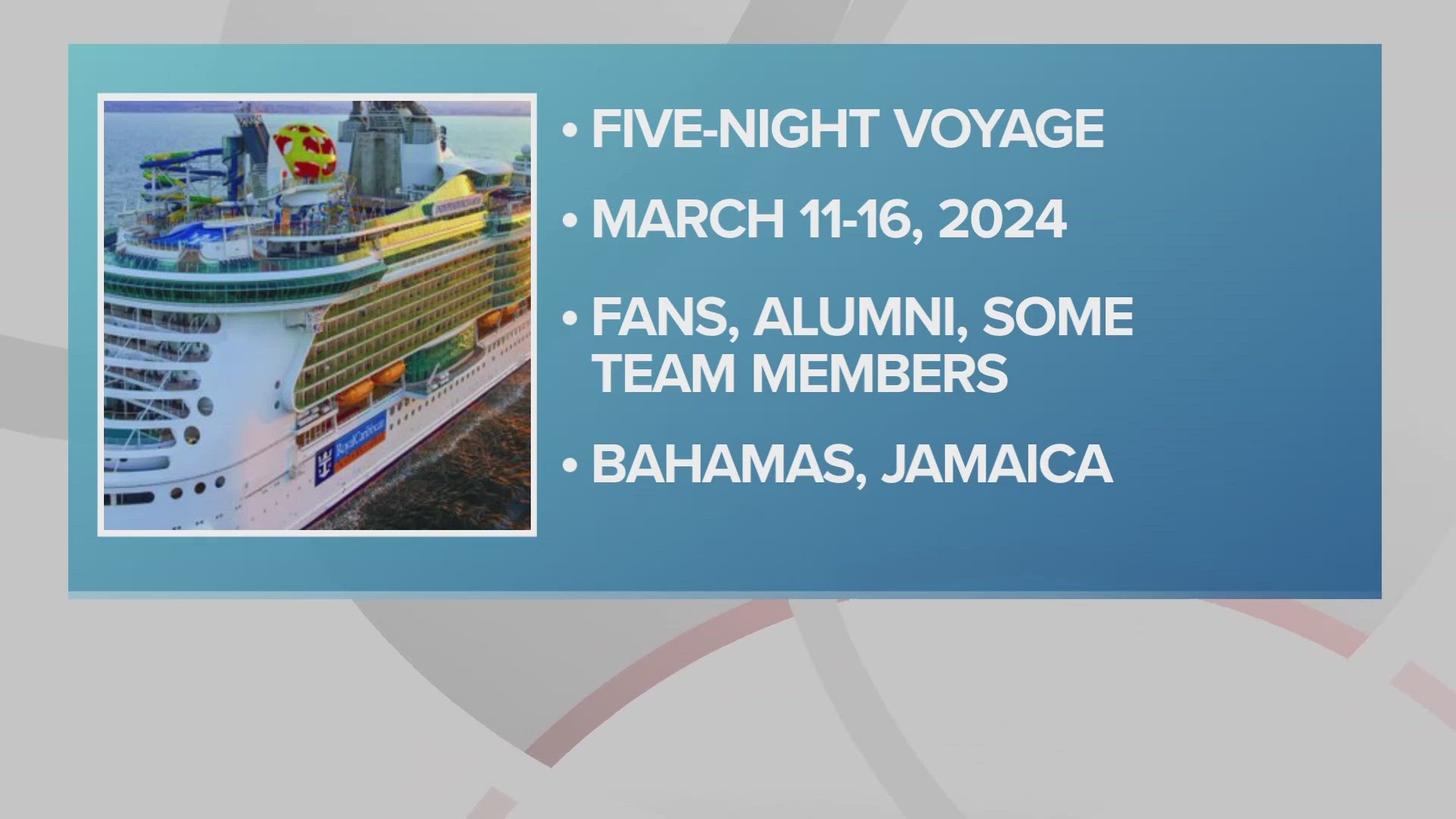 The cruise will depart on March 11 from the Port of Miami and will visit Nassau, Bahamas and Falmouth Jamaica before returning on March 16.