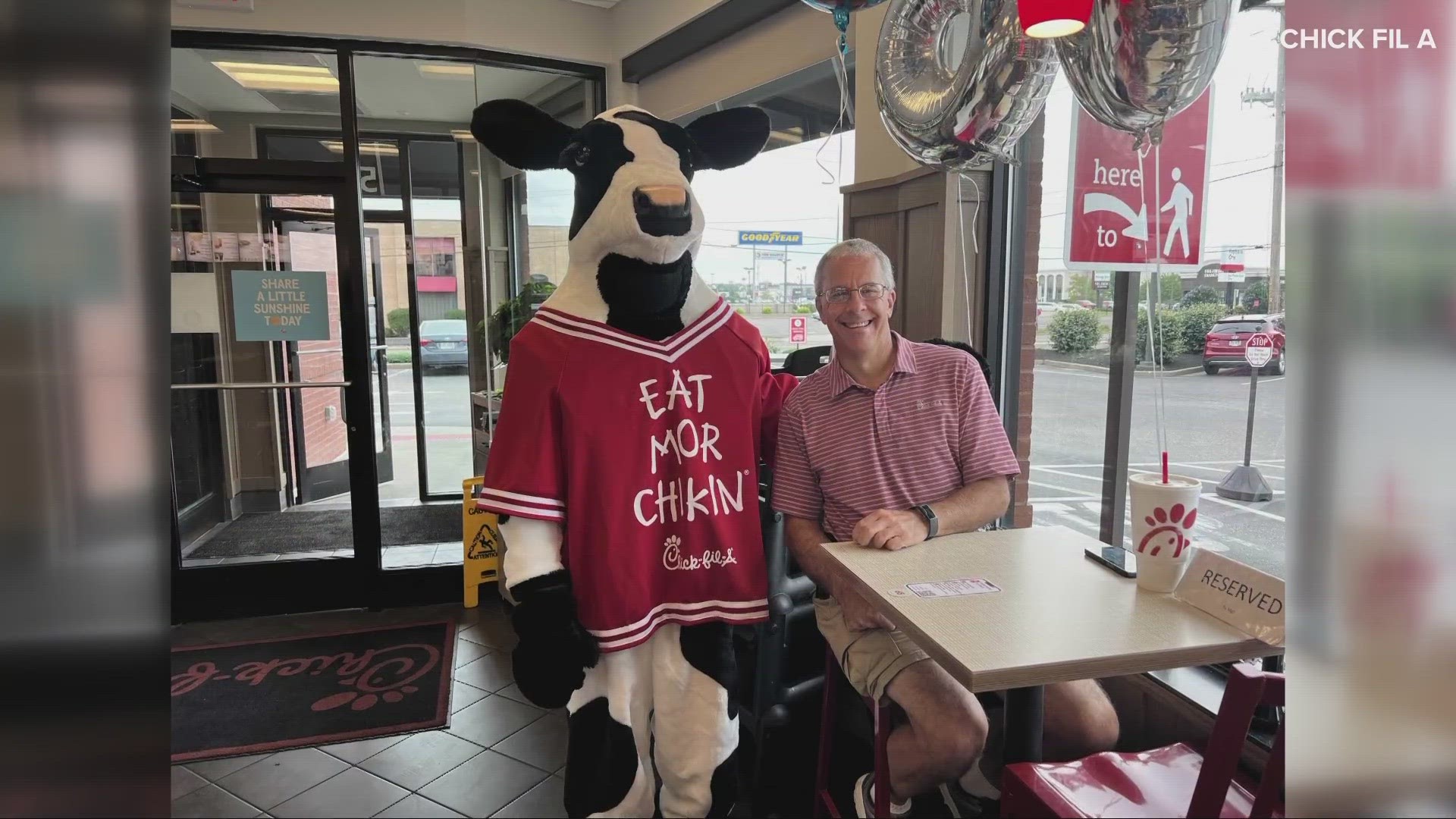 The restaurant celebrated John by changing its reader board in honor of him, and providing him with flowers, balloons, and a complimentary meal at