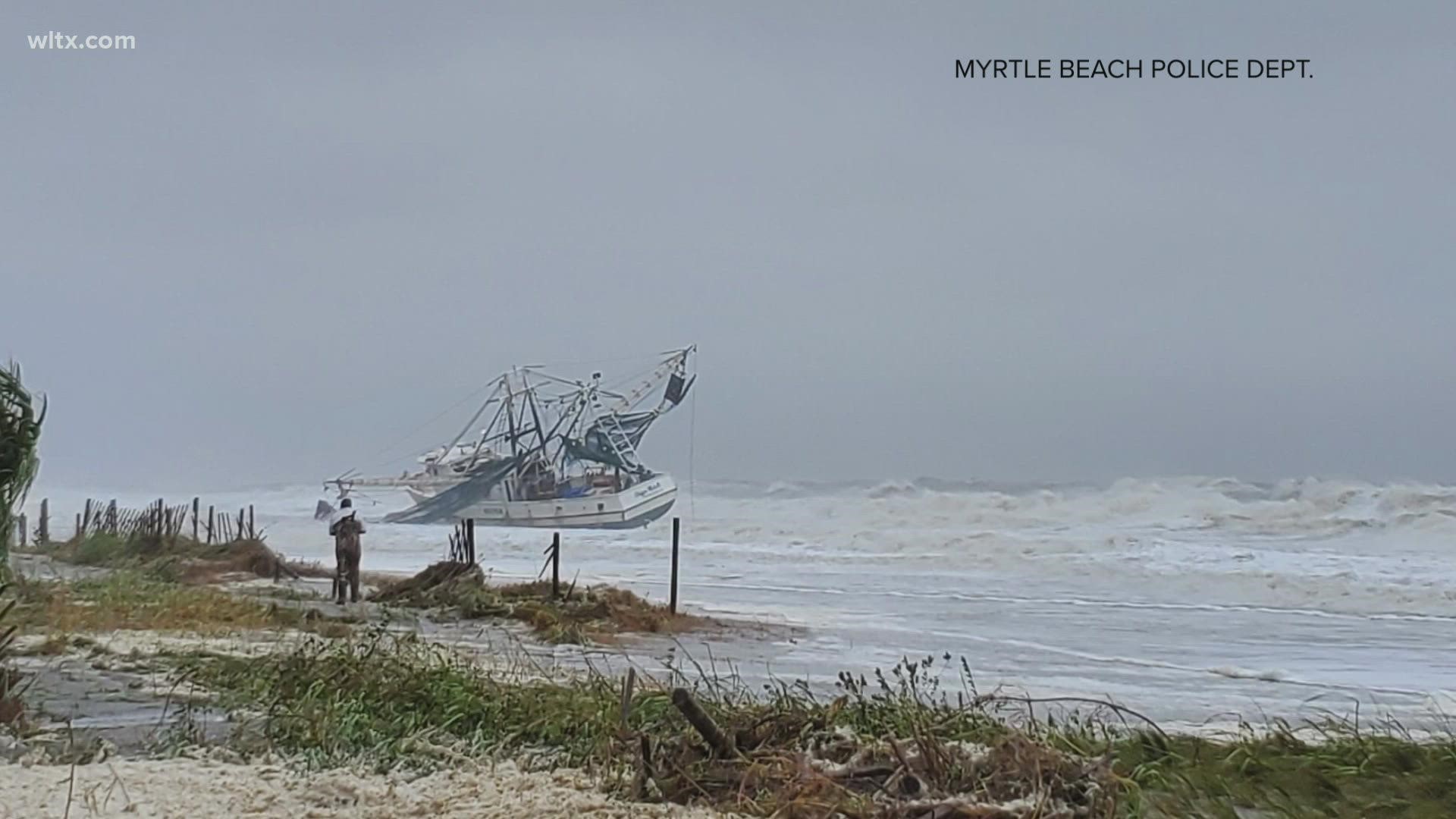 A commercial fishing boat anchored in the ocean near Myrtle Beach broke free and washed ashore on Friday, thanks to Hurricane Ian.