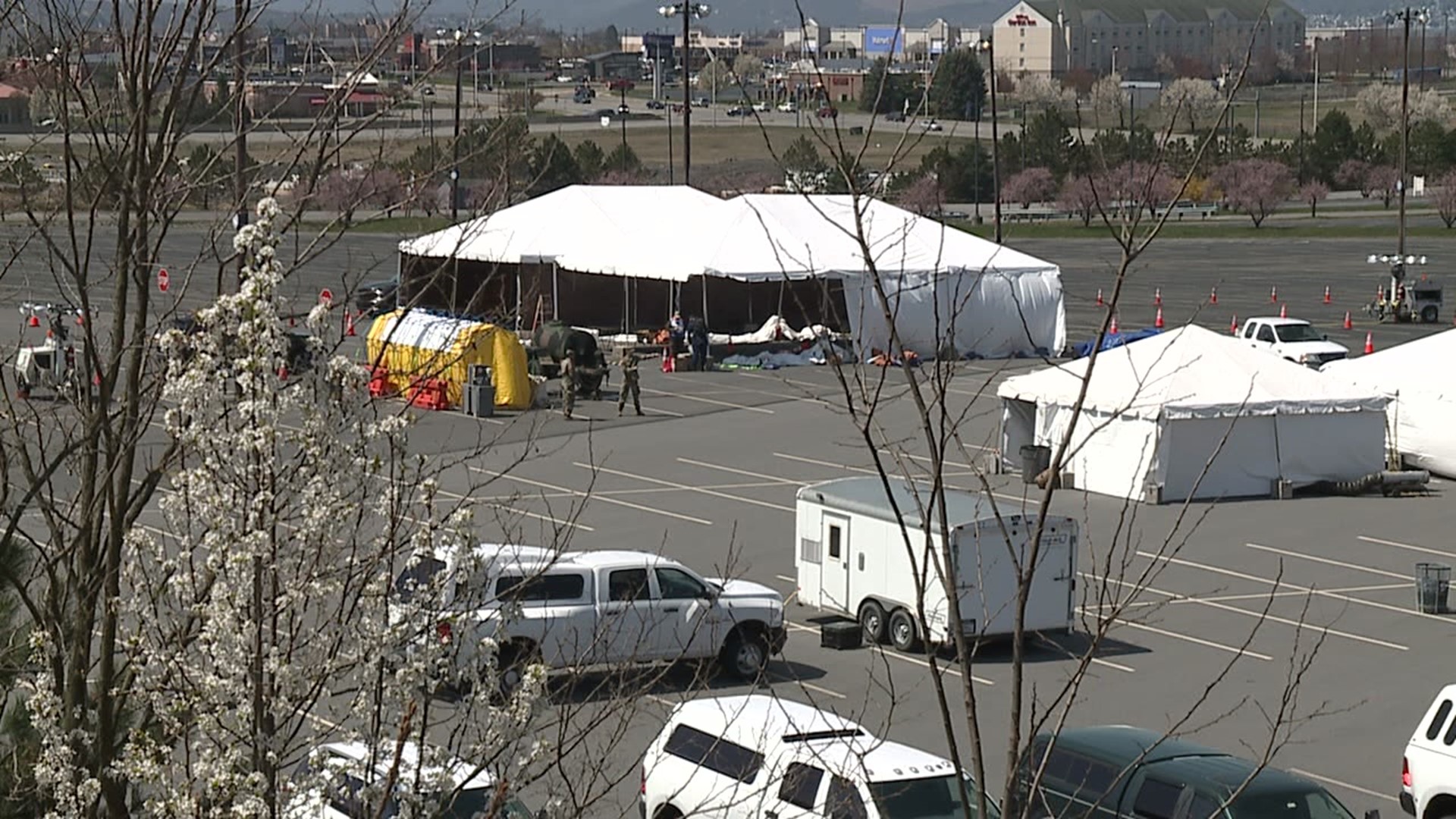 A drive-thru coronavirus testing site is set up outside of the Mohegan Sun Area.