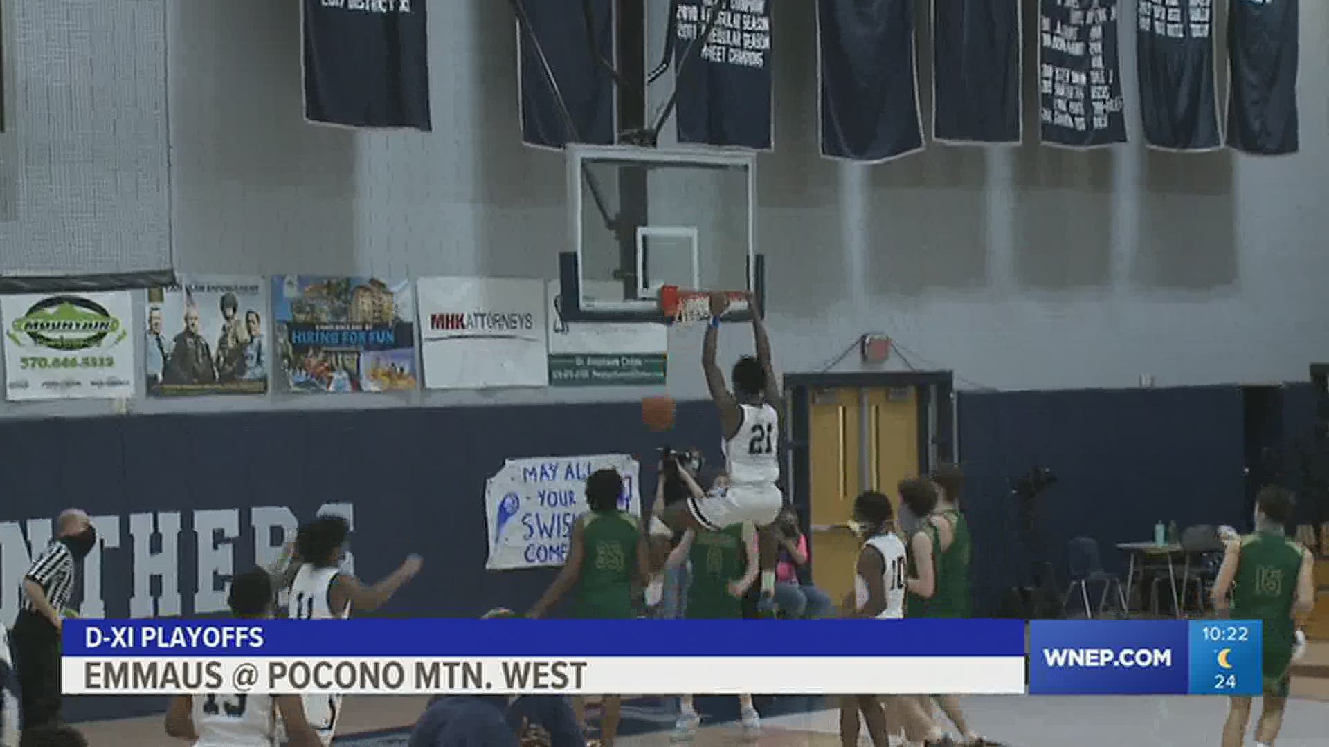 Pocono Mountain West the #1 seed in the D-11 playoffs eased past Emmaus 58-33 in boys HS basketball