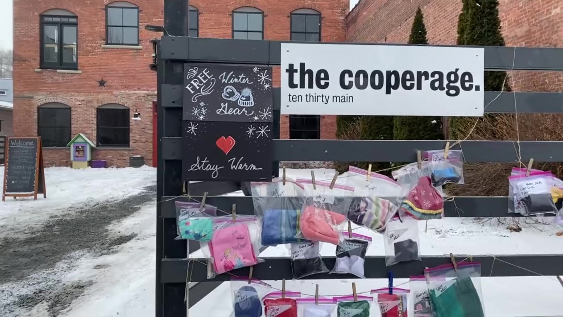 The Cooperage Project left winter coats, scarves, and hats outside their building in Honesdale.