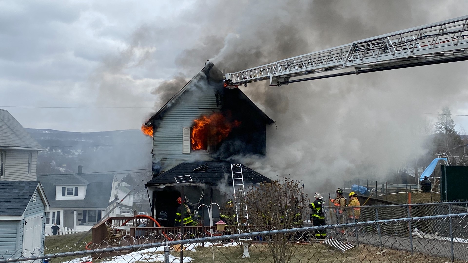 Crews say the flames broke out around 1:30 p.m. on Saturday.