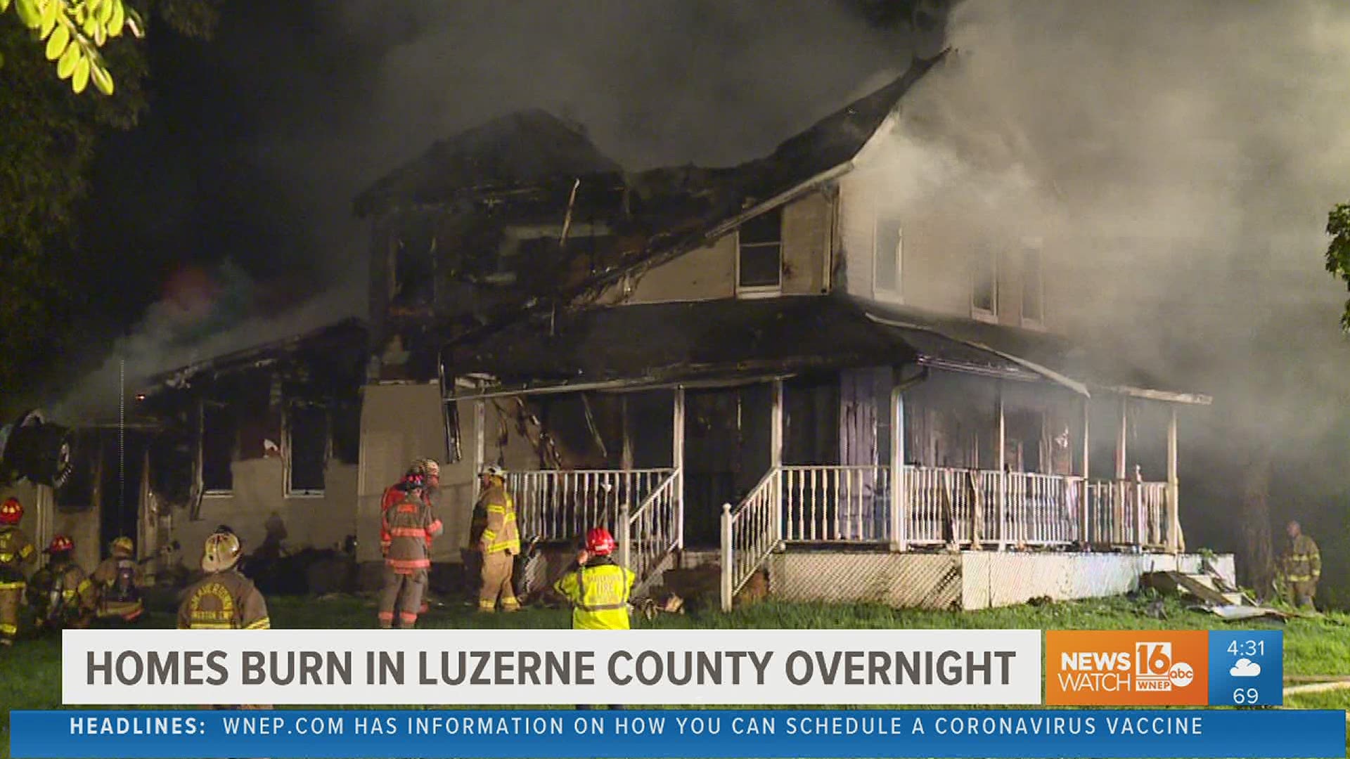 The overnight storms were blamed for one fire in Luzerne County, and it might have caused a second.