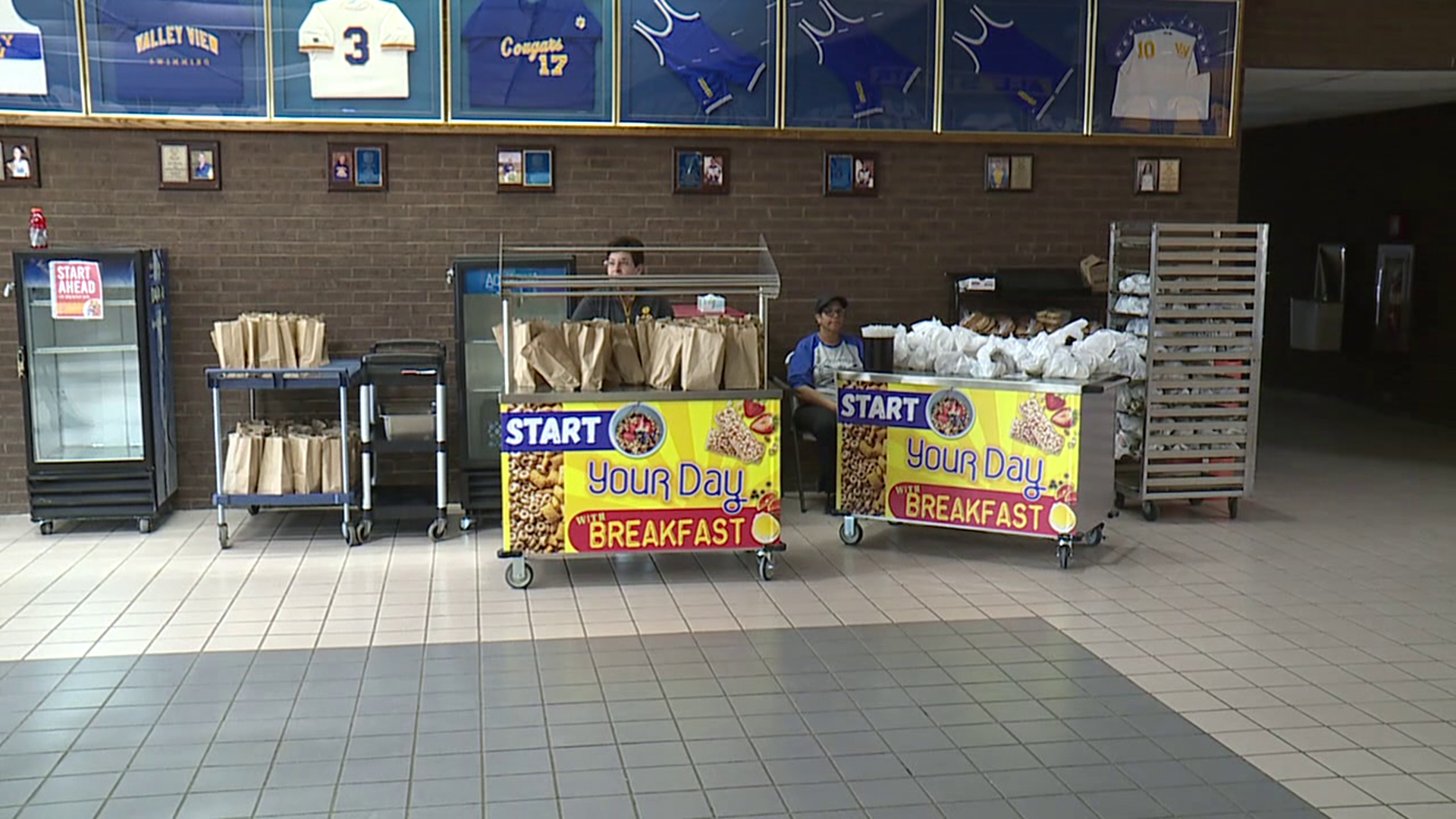 The Valley View School District's cafeteria staff handed out bagged lunches.