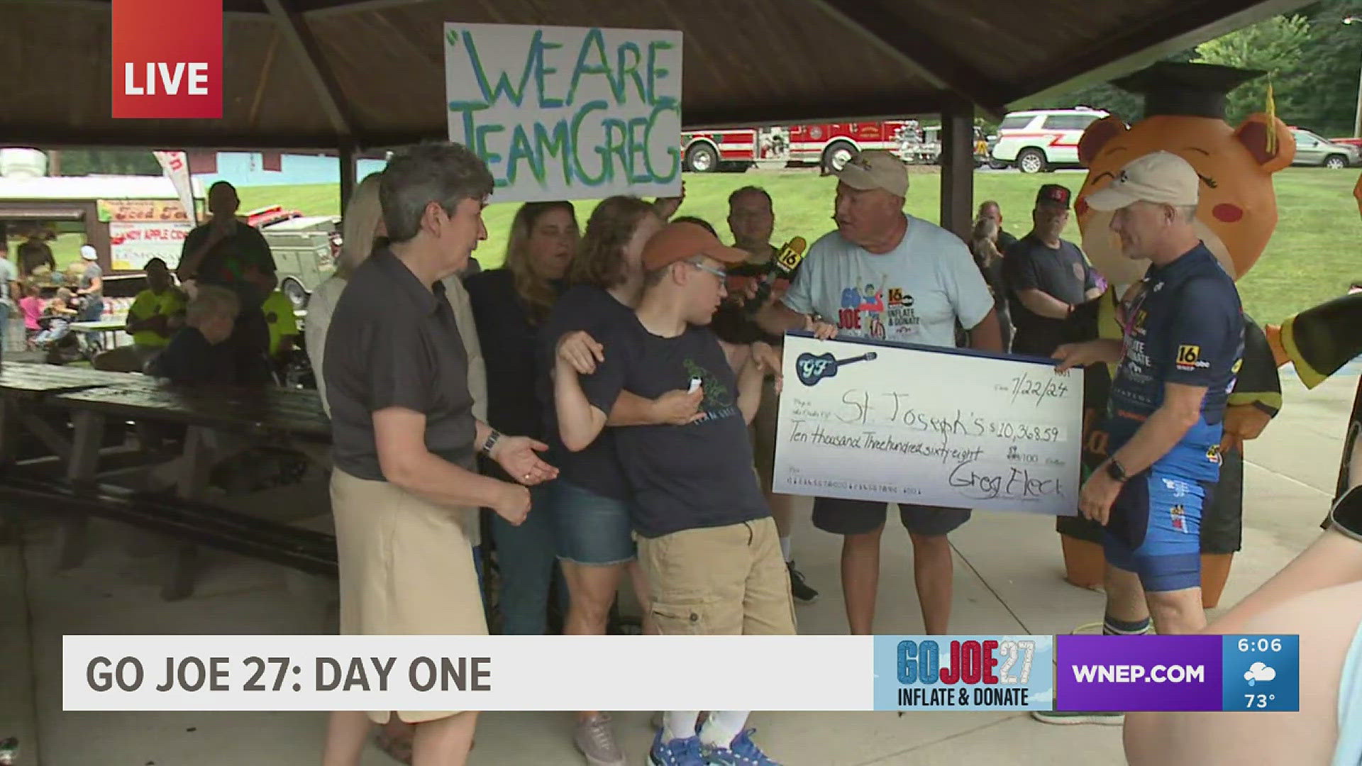 On day one of Go Joe 27, Team Greg joined Meteorologist Joe Snedeker to unveil a check donation for St. Joseph's Center.