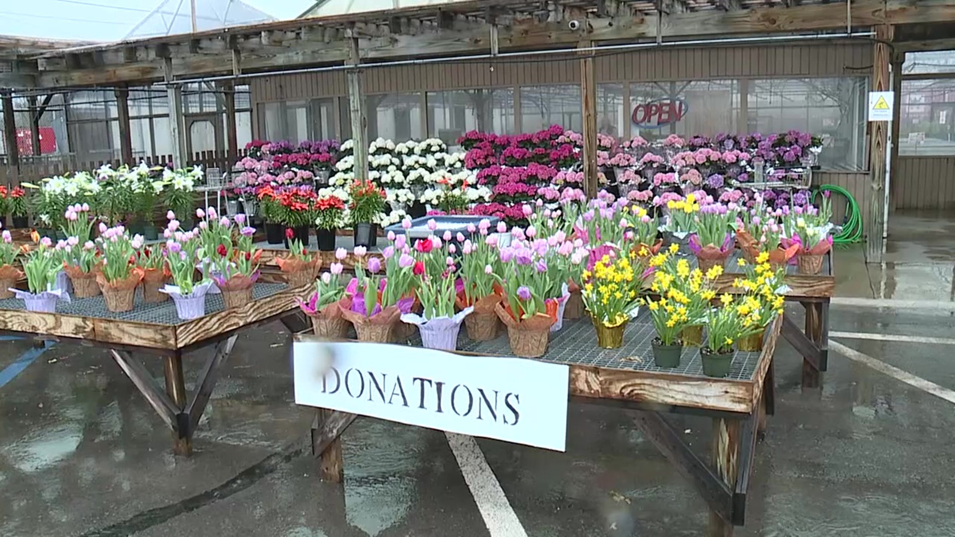 The business in Wyoming Borough placed Easter flowers outside.