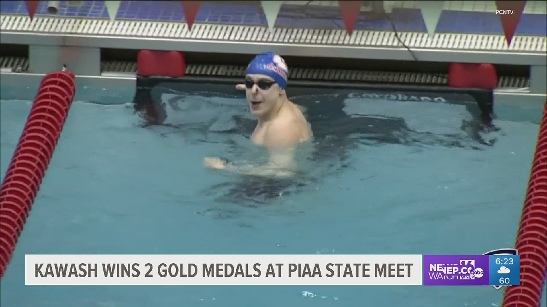 Peter Kawash of Lakeland wins two gold medals at the PIAA 'AA' Swim Championships despite not having a pool at school.