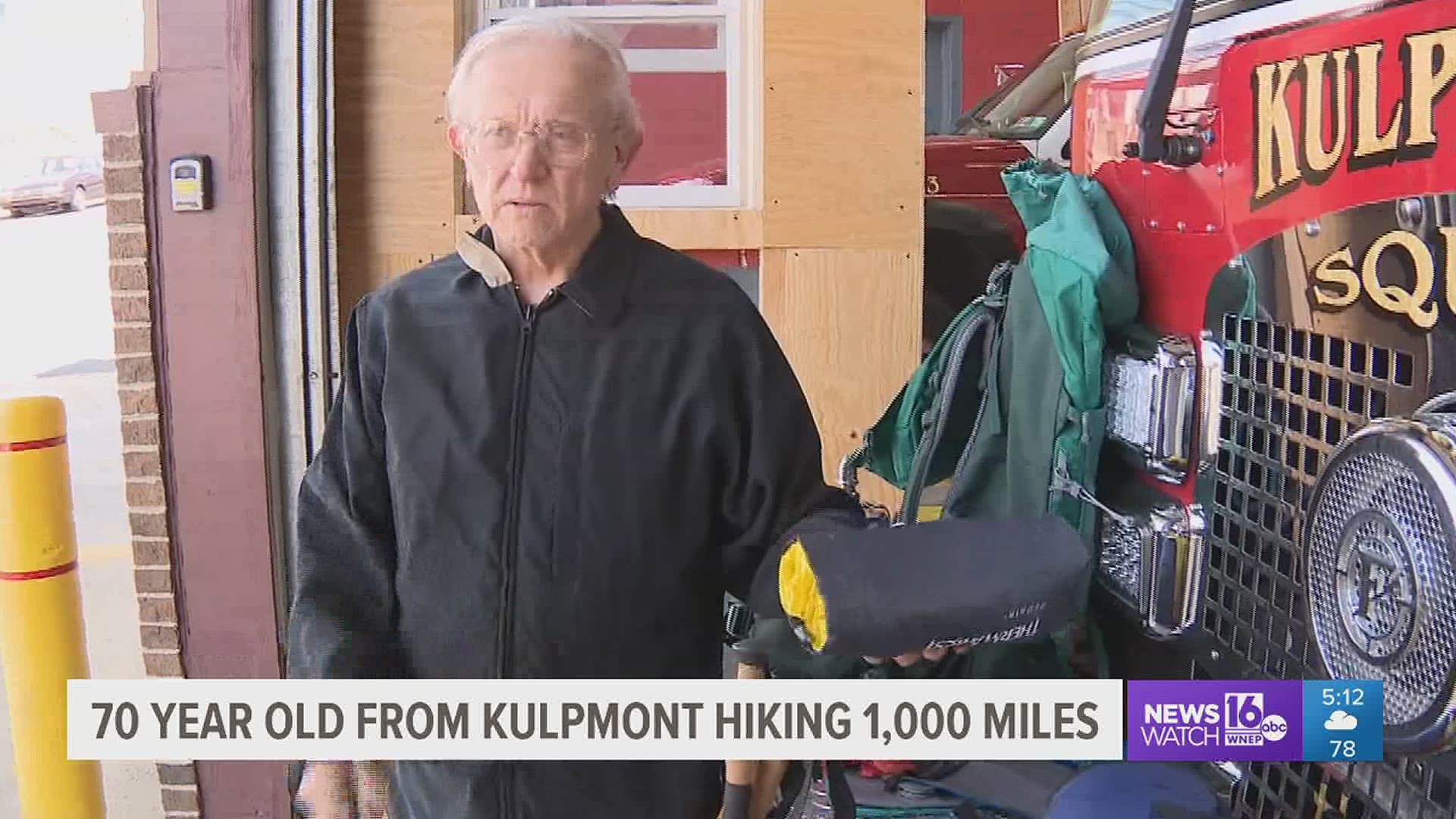 A veteran from Northumberland County, 70, began a hike two months ago in hopes of raising money for the Kulpmont Fire Department to buy a new firetruck.