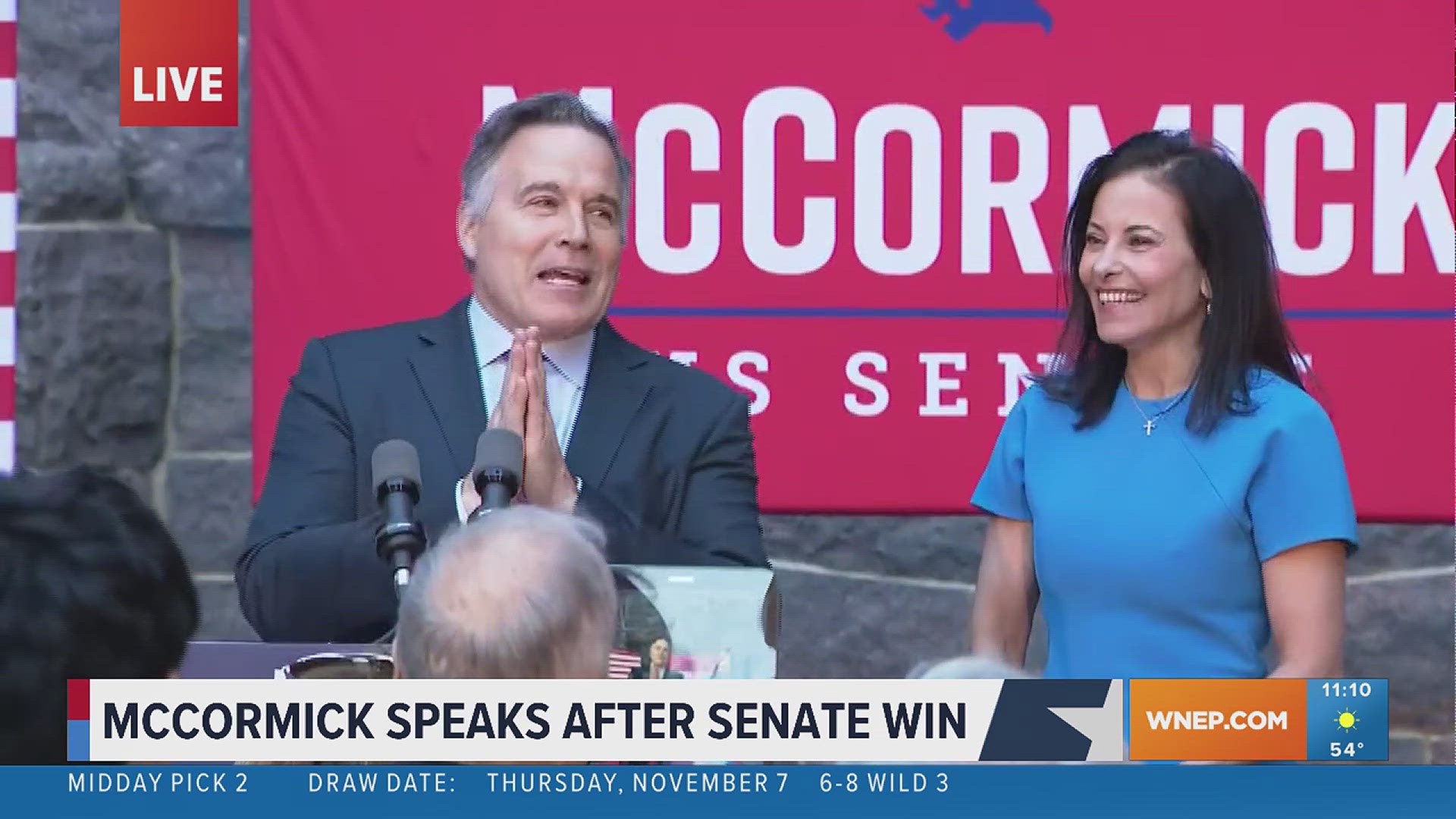 Republican political newcomer Dave McCormick addresses voters after defeating three-term Senator Bob Casey (D)