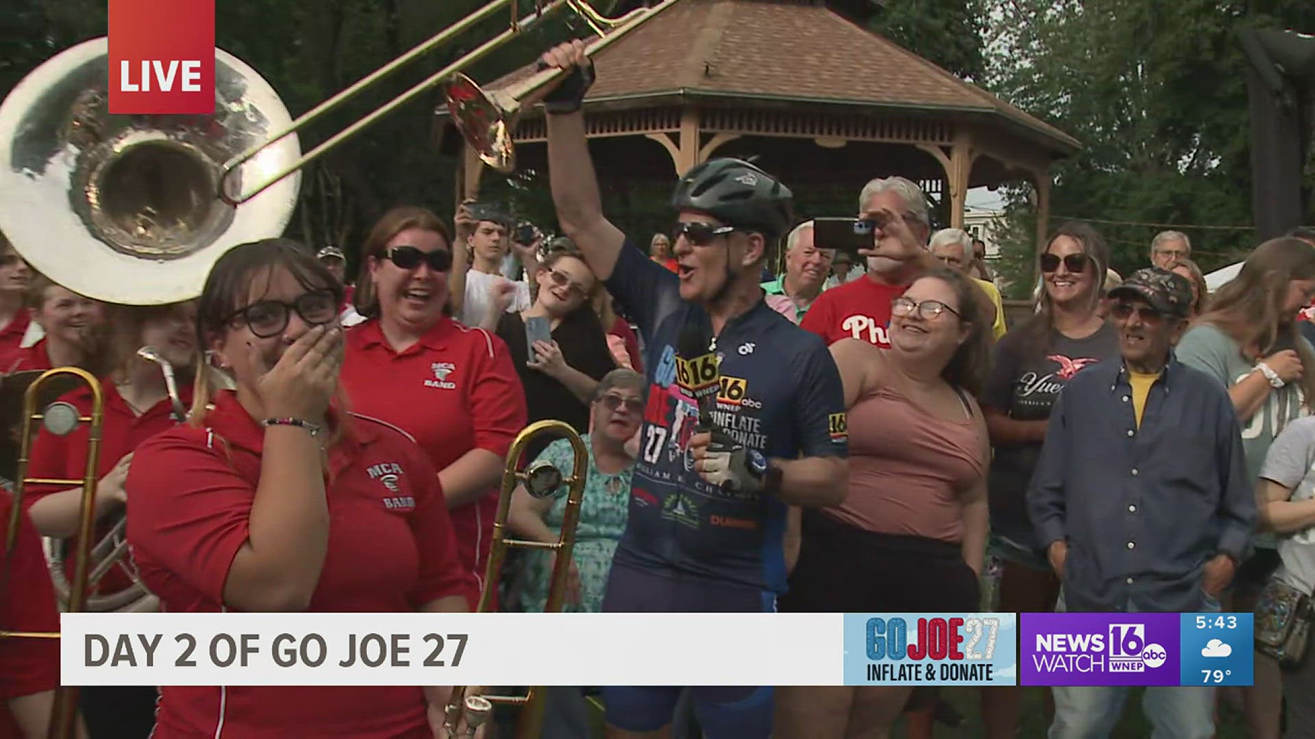 Meteorologist Joe Snedeker arrives in Mount Carmel welcomed by crowds of supporters on Day 2 of Go Joe 27.