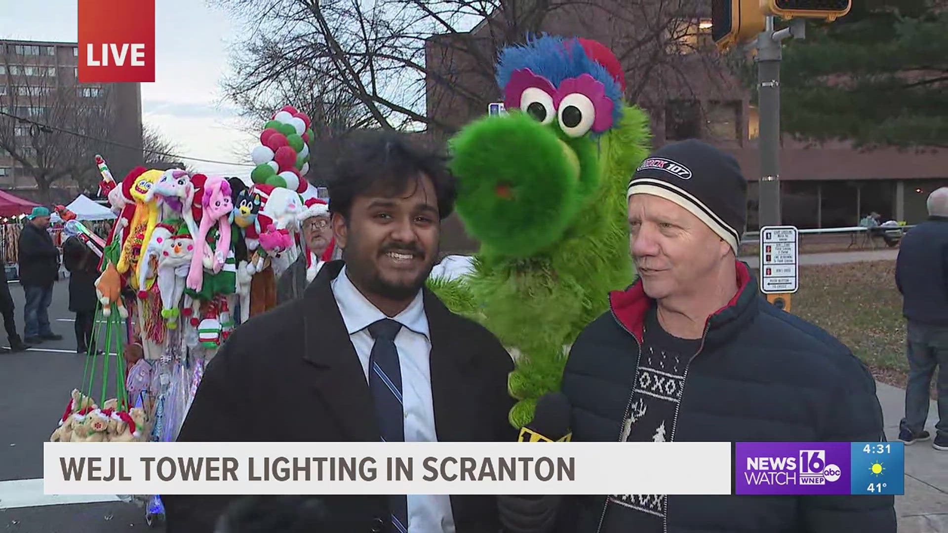 The WEJL Tower lighting brought hundreds to downtown Scranton, welcomed by familiar faces like the Philly Phanatic.