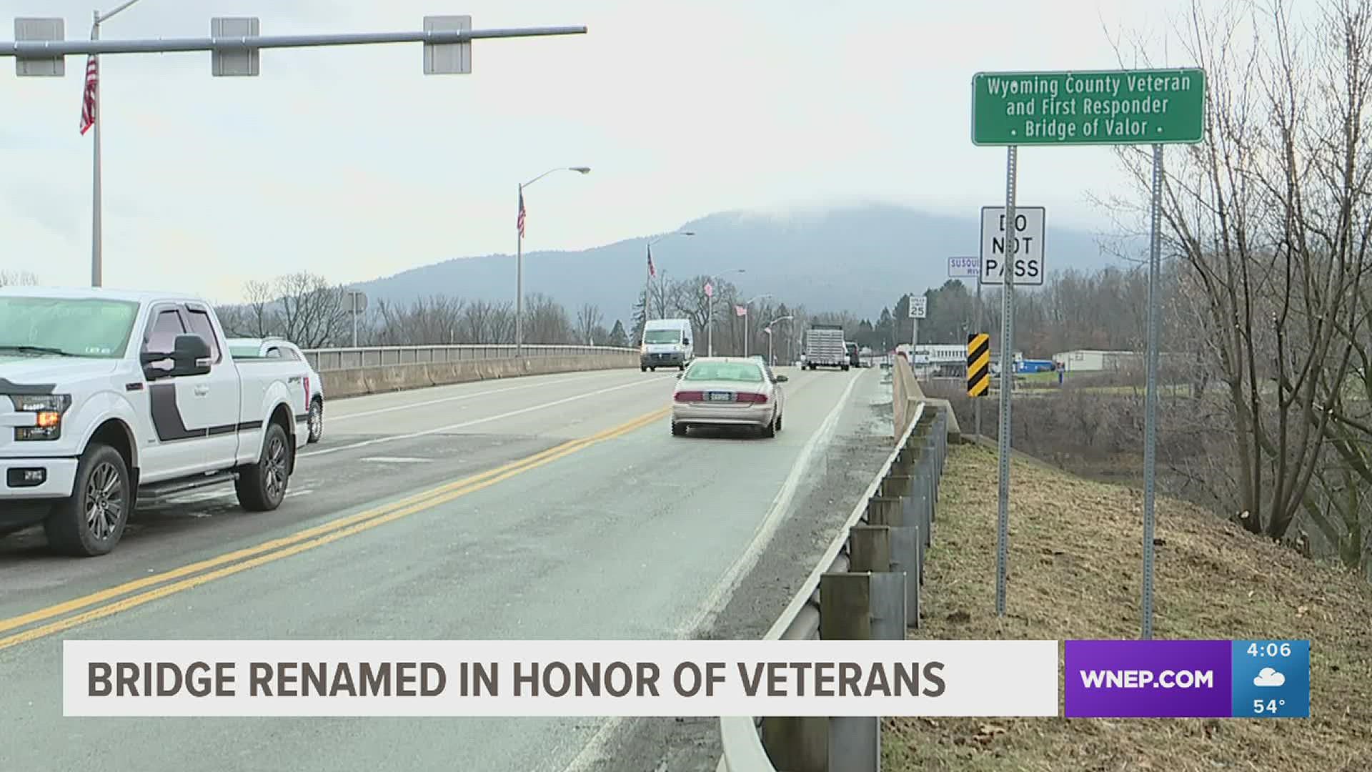 Organizers decided to unveil the new bridge name on the Pearl Harbor anniversary to honor all of the veterans and first responders who serve Wyoming County.