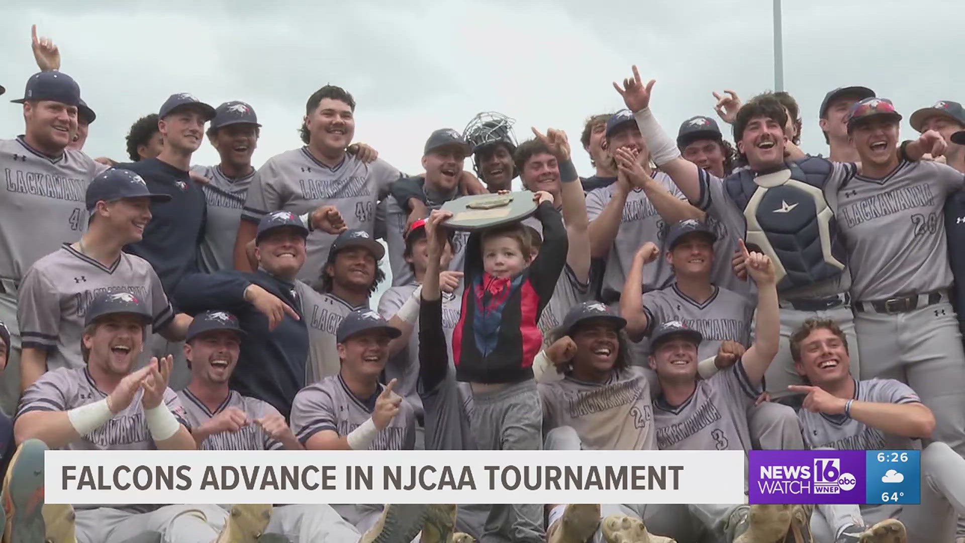 The Falcons celebrate the 18-5 victory as they get ready to face Seton Hill in the NJCAA World Series tournament.
