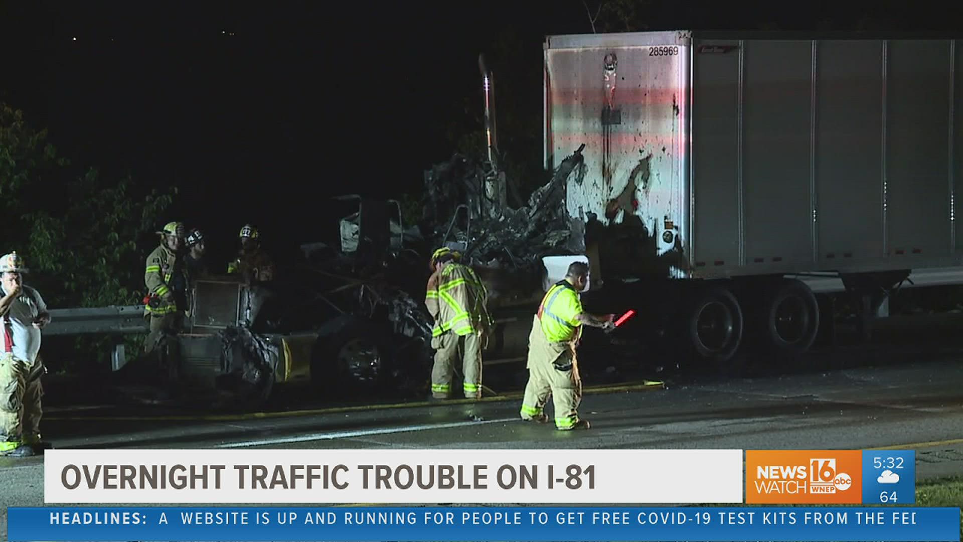 Tractor-trailer fire caused backups on 81