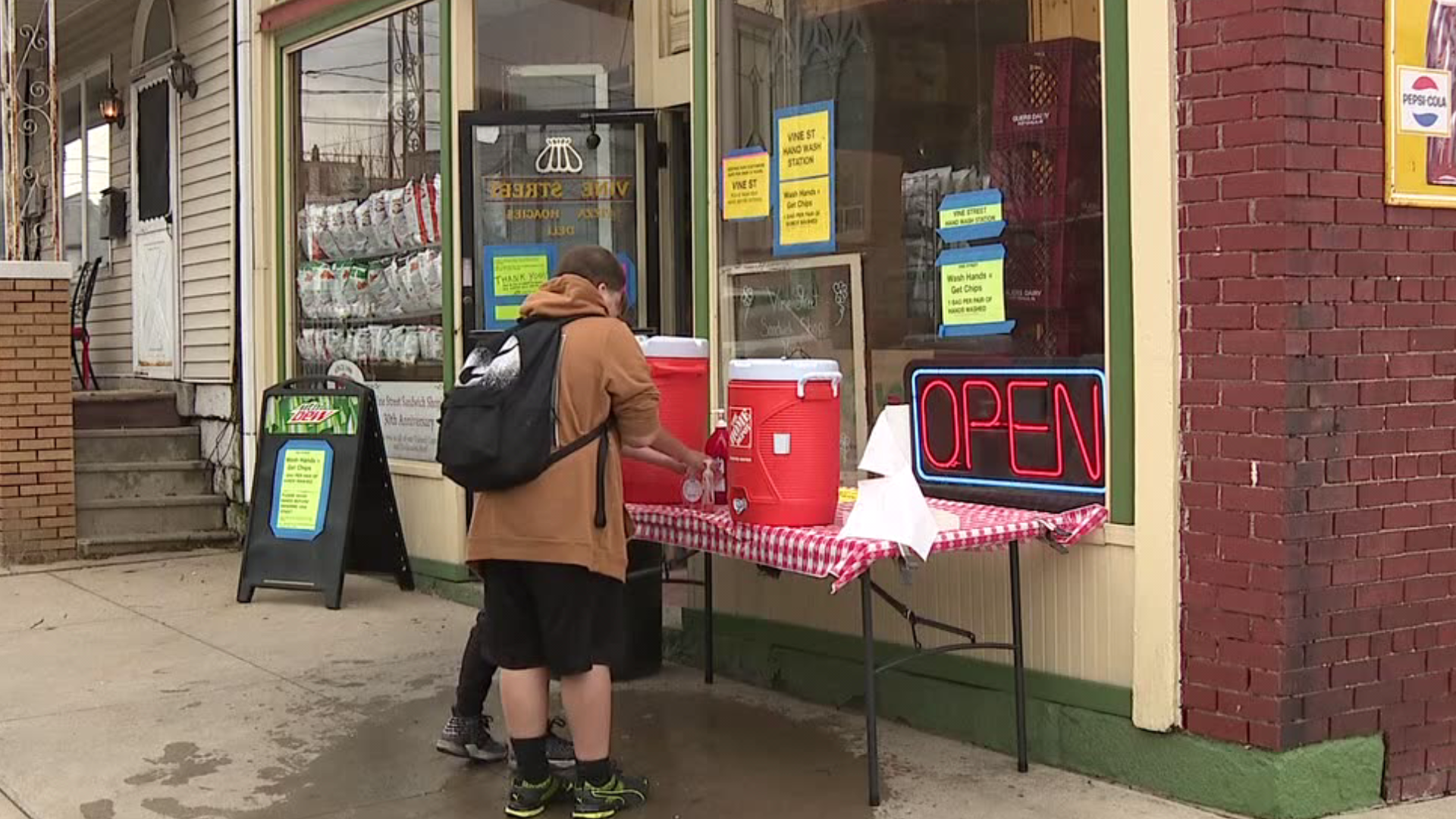 Vine Street Sandwich Shop set up a hand washing station outside its restaurant.