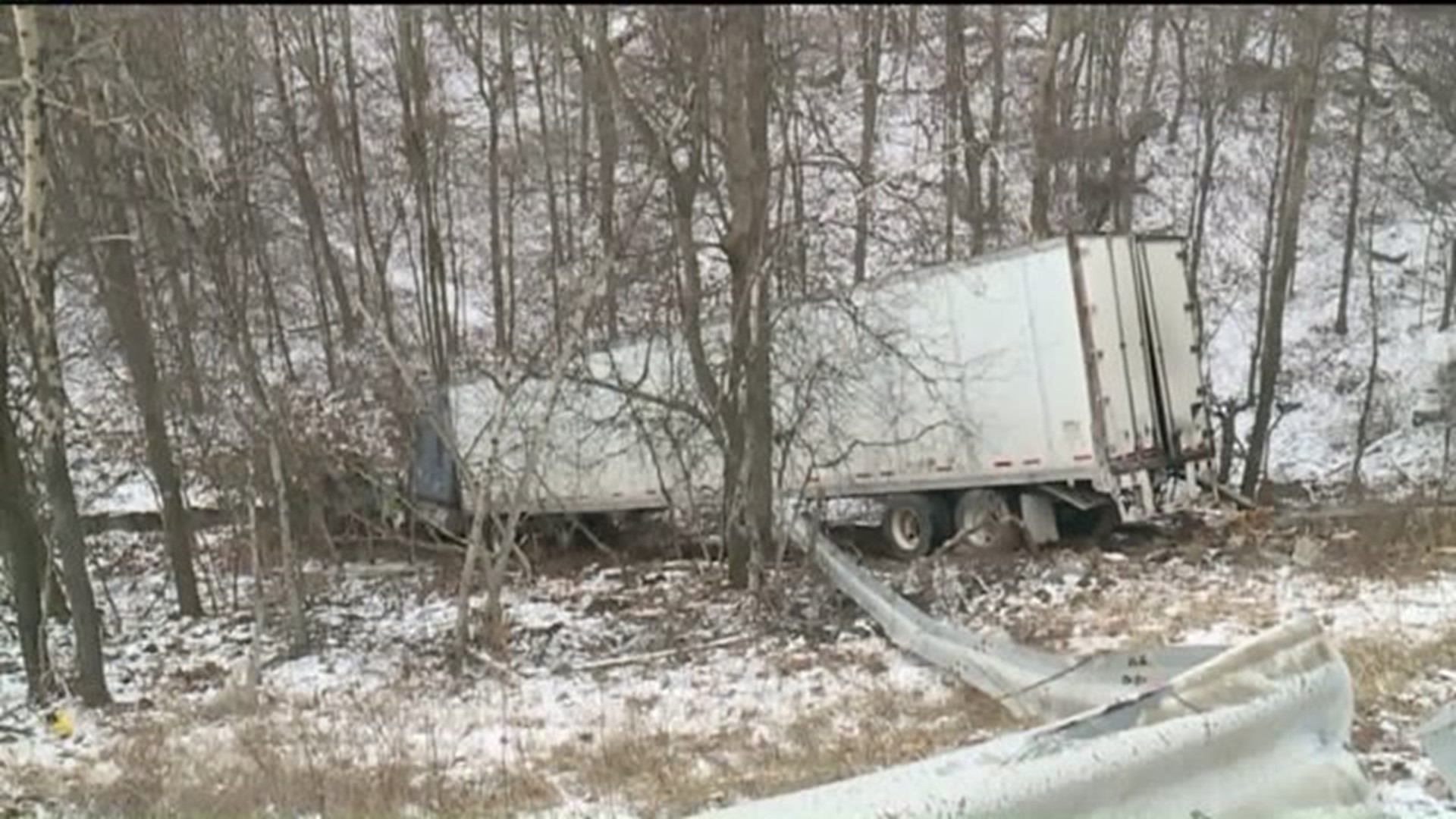 Truck Crashes through Guide Rail on I-81 in Schuylkill County