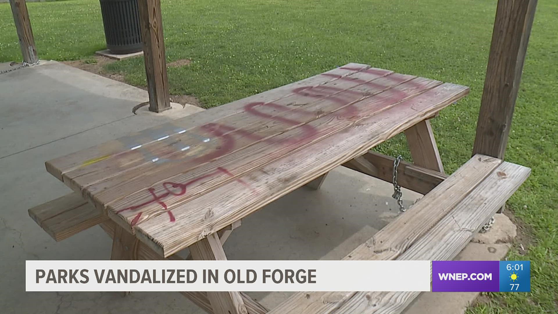 Police in Old Forge are trying to track down the vandals who spray painted vulgar words and images all over two parks in the borough.