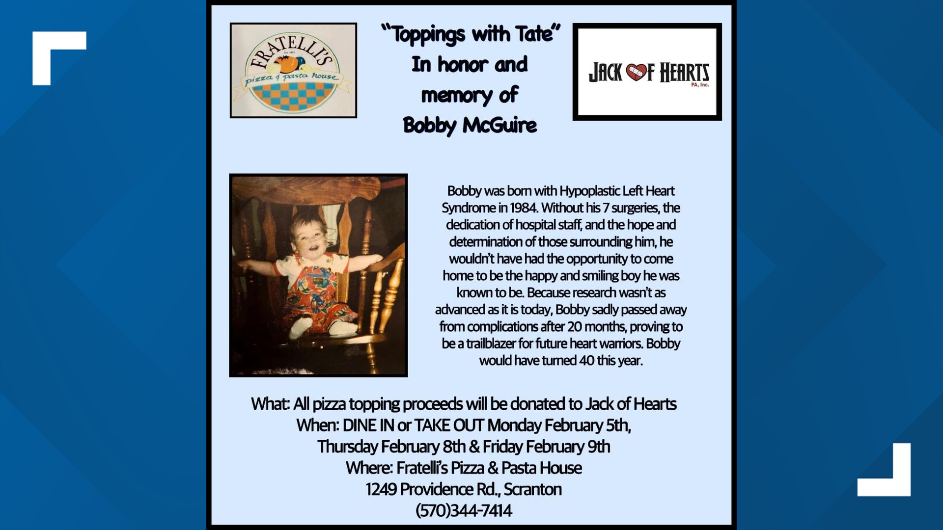 The fundraiser held at Fratelli's Pizza & Pasta House in Scranton will donate proceeds from additional pizza toppings to Jack of Hearts-PA.