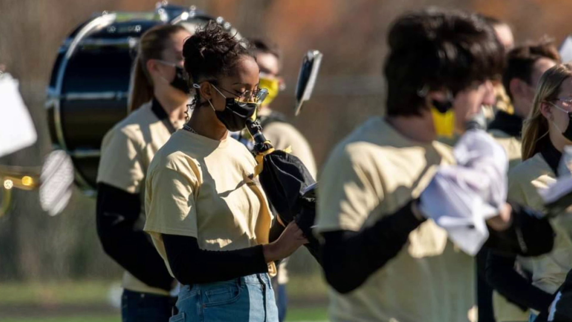 Western Wayne's marching band prevents the spread of germs with special handmade covers and masks.