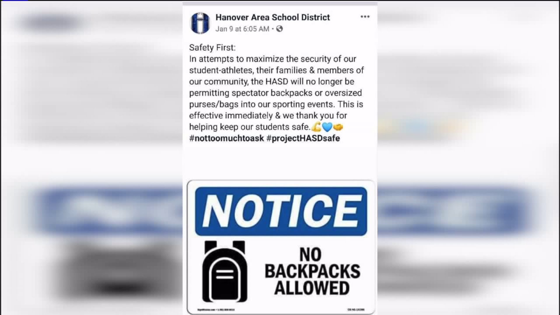 Backpacks Banned From Hanover Area Sports Games