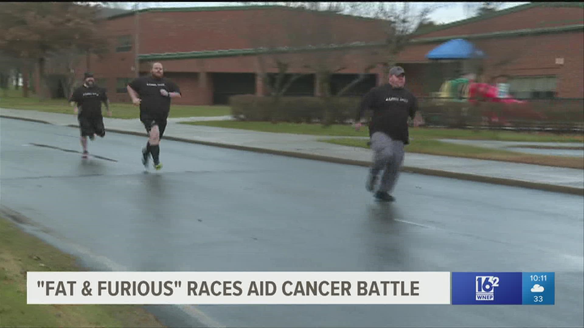 The "2 Fat 2 Furious" 100-yard dash was held on Friday afternoon to raise money for a six-year-old battling cancer.