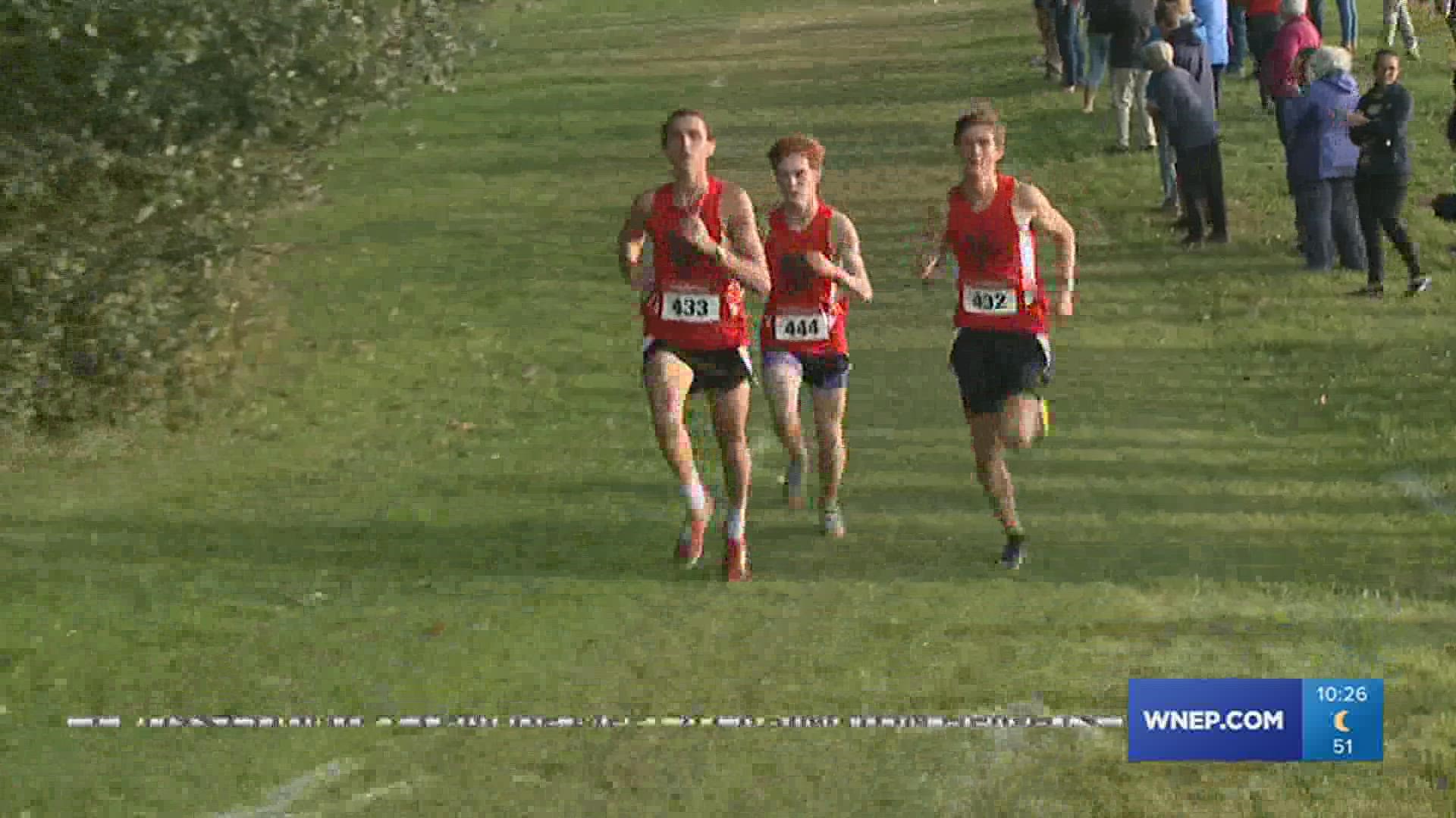 With Caleb Kenyon, Aiden Horne, and Mason Natalini finished 1-2-3, North Pocono won a cluster XC Meet at Abington Hts.