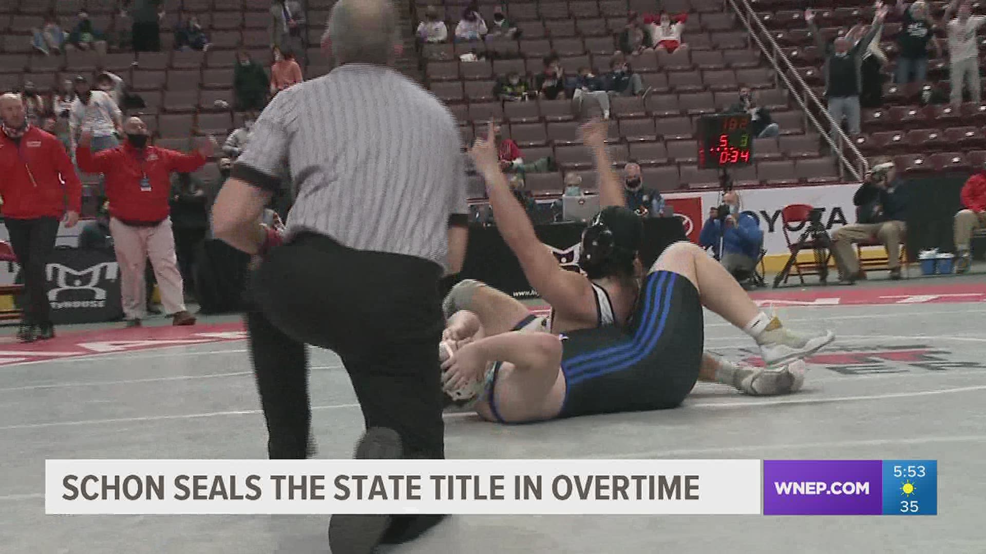 Nate Schon, Selinsgrove heavyweight won his 2nd State Title in wrestling with an overtime takedown.  Schon's next move will be to Iowa State.