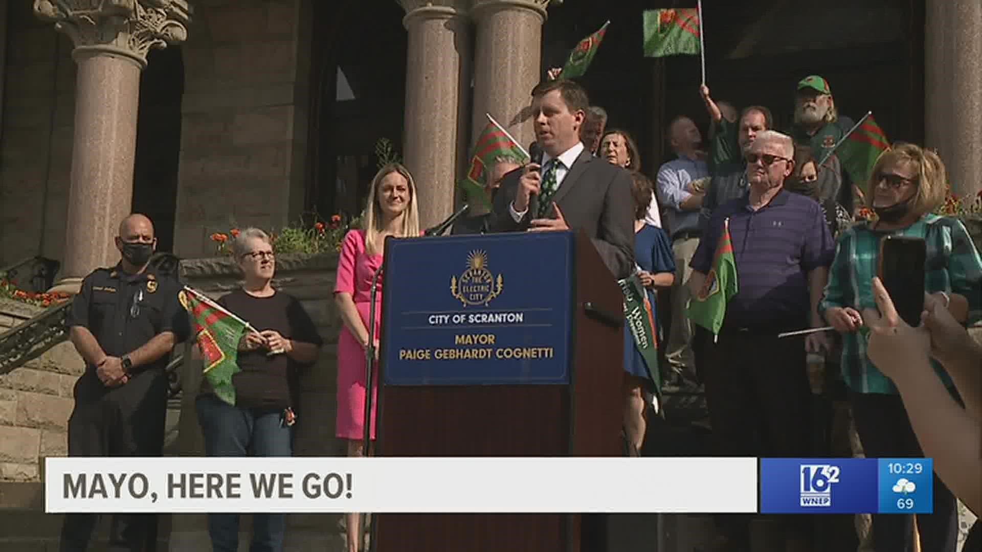 The Mayo team flag was raised at Scranton City Hall to support the Gaelic football team from Ballina in County Mayo.