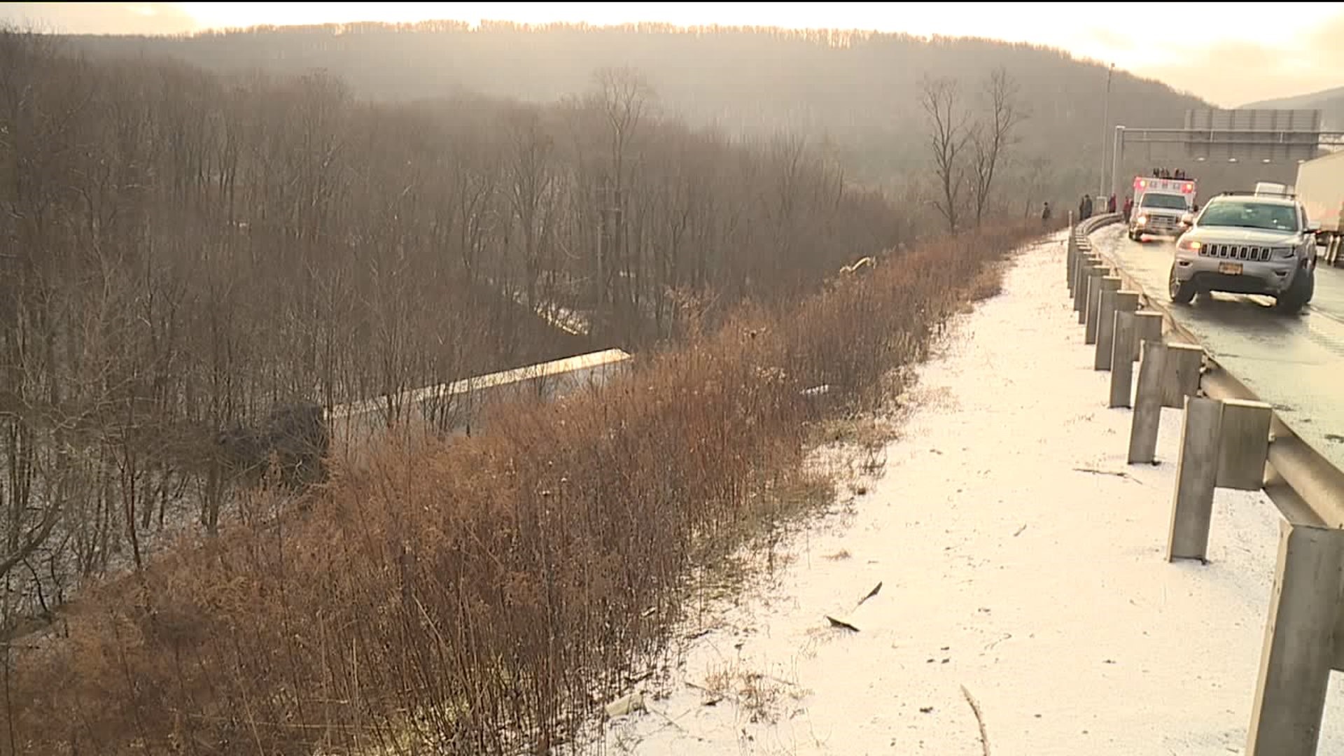Tractor Trailer Goes Down Embankment Along I-84