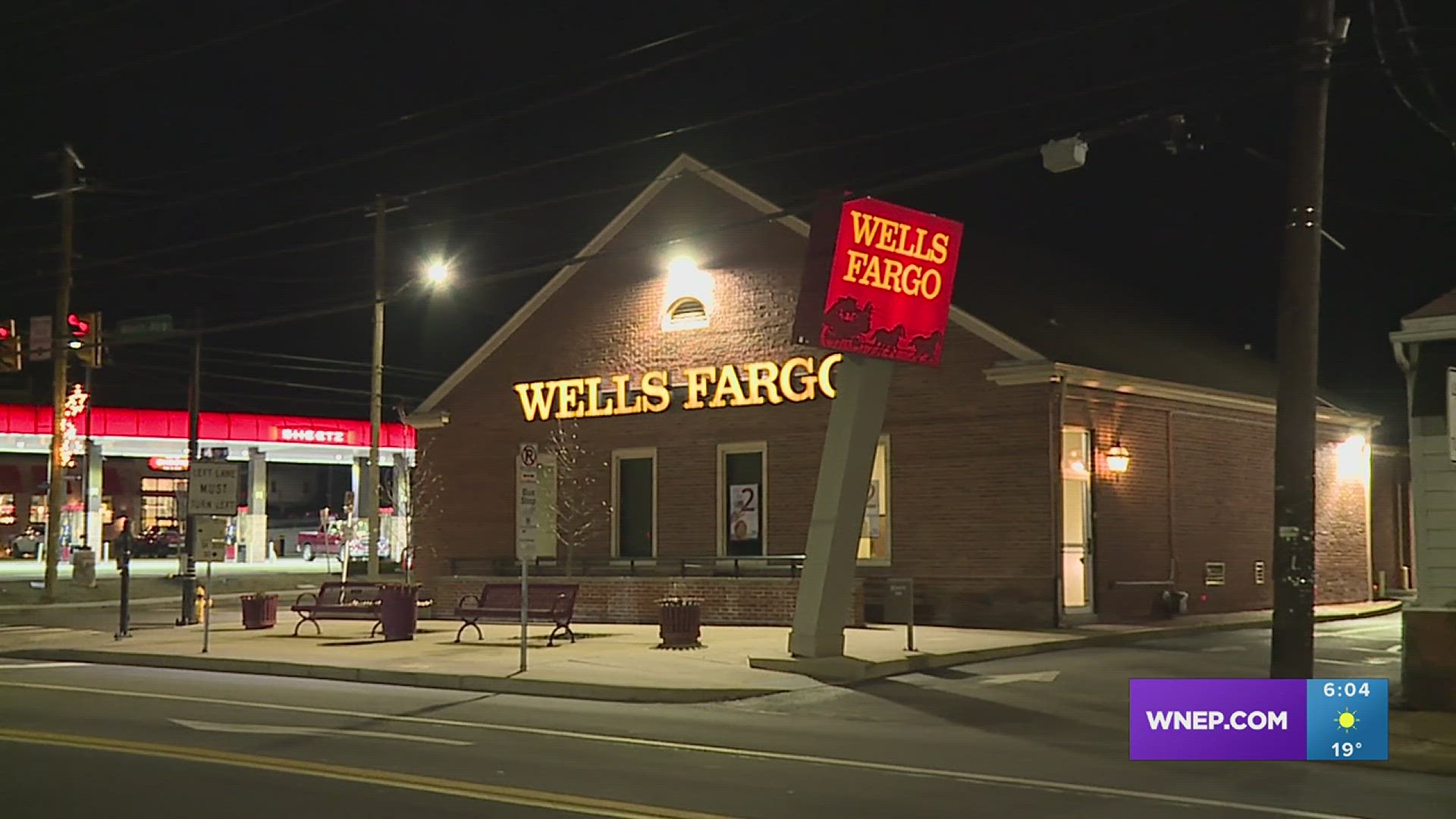 The Wells Fargo bank sign was leaning after the strong winds overnight in the Borough of Taylor in Lackawanna County.