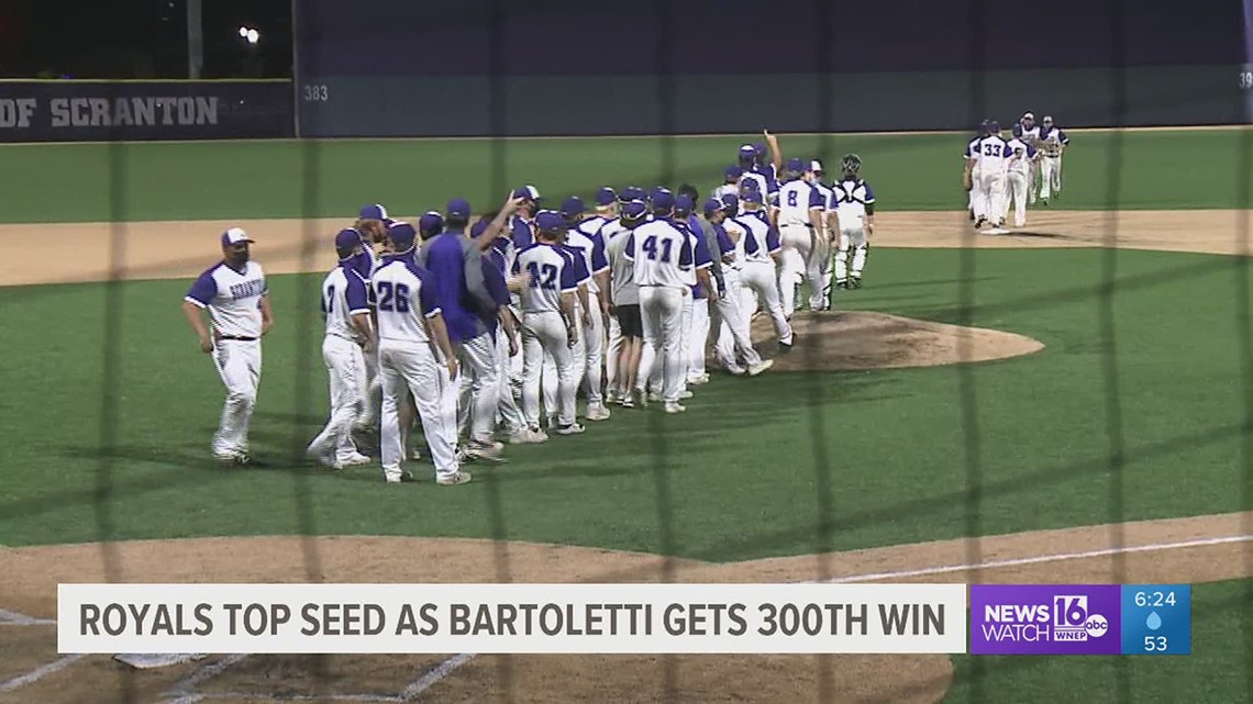 Skipper Mike Bartoletti earns his 300th win as the Scranton Royals earn top seed for the Landmark Conference baseball playoffs.