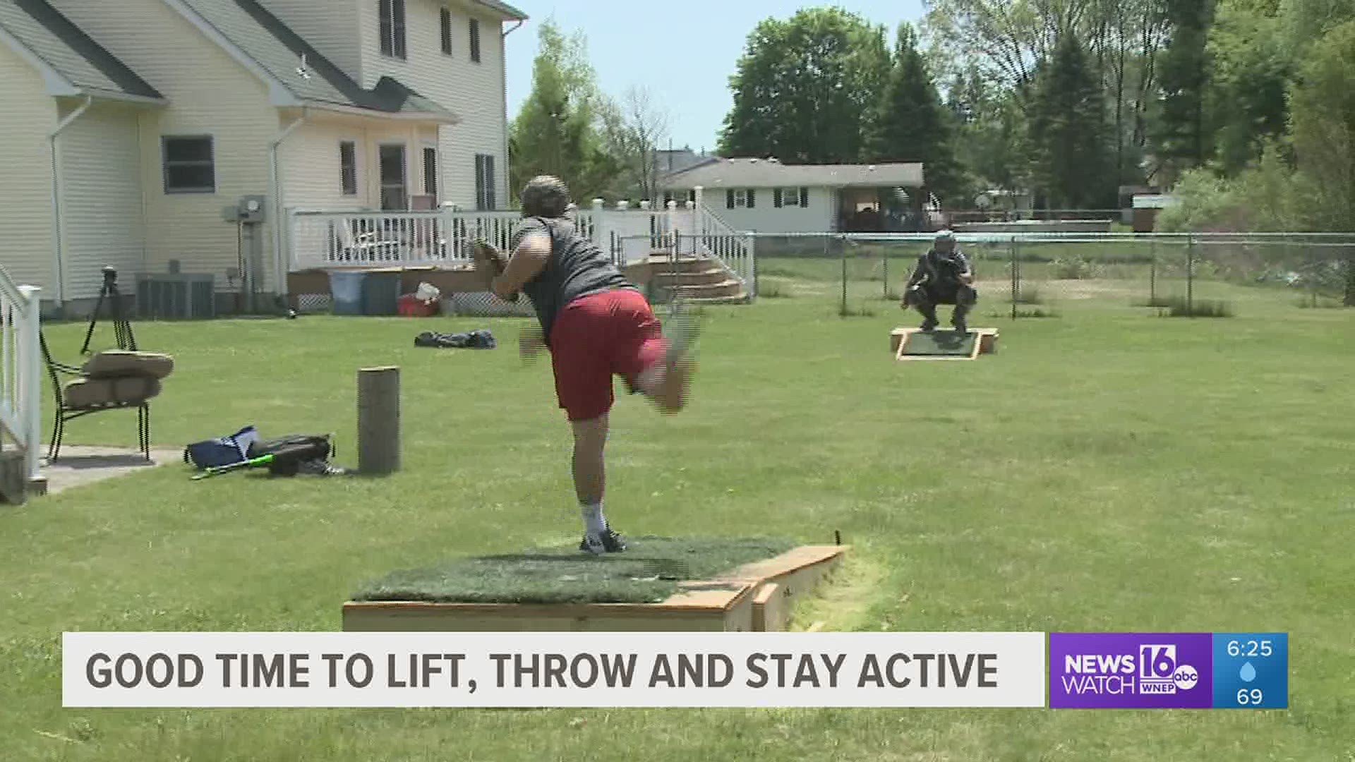 Cole Stetzar, St Joe's pitcher is back home in West Scranton working out with his Dad.