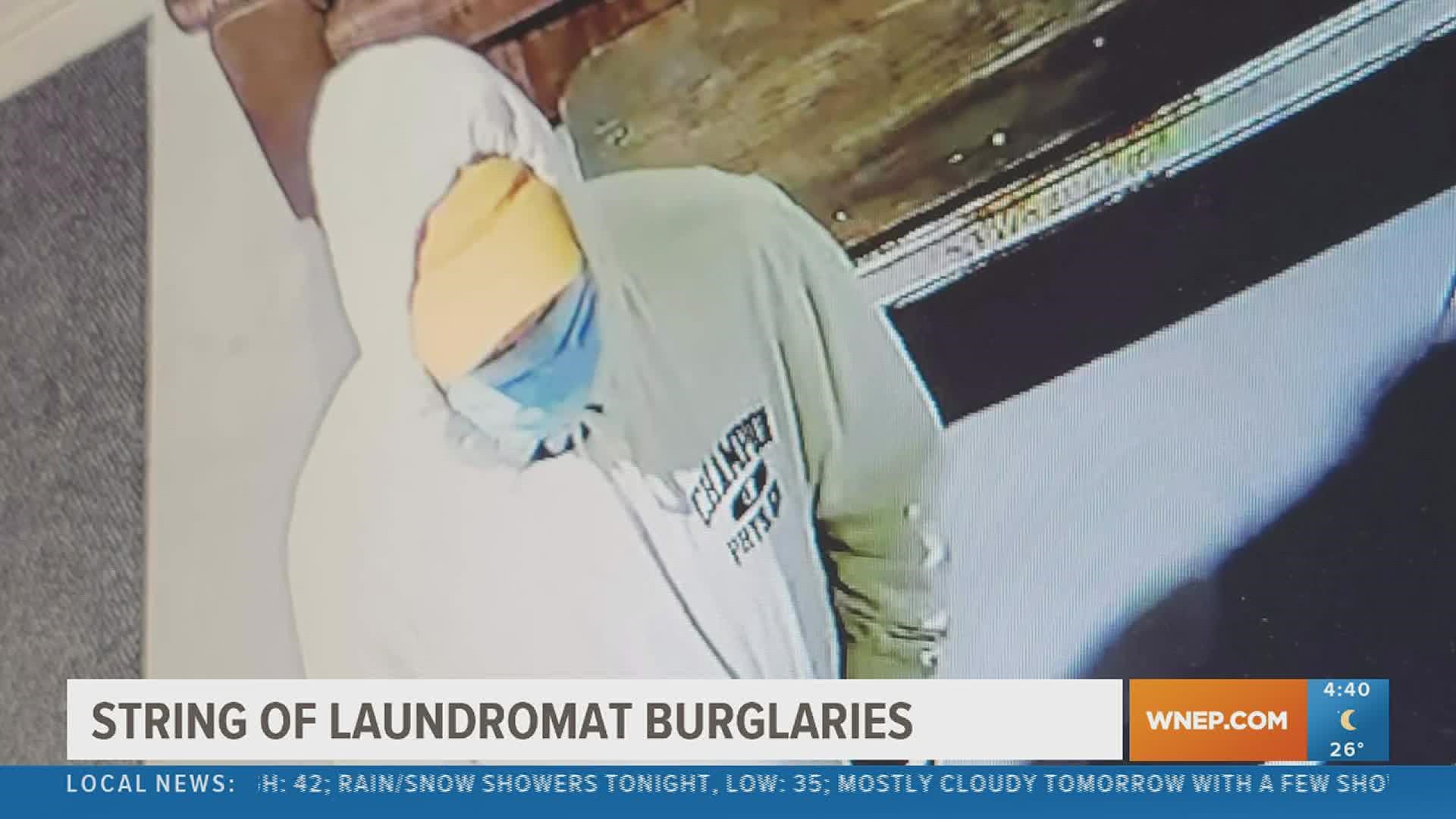 Troopers say burglars hit several laundry businesses in Northumberland and Union Counties.