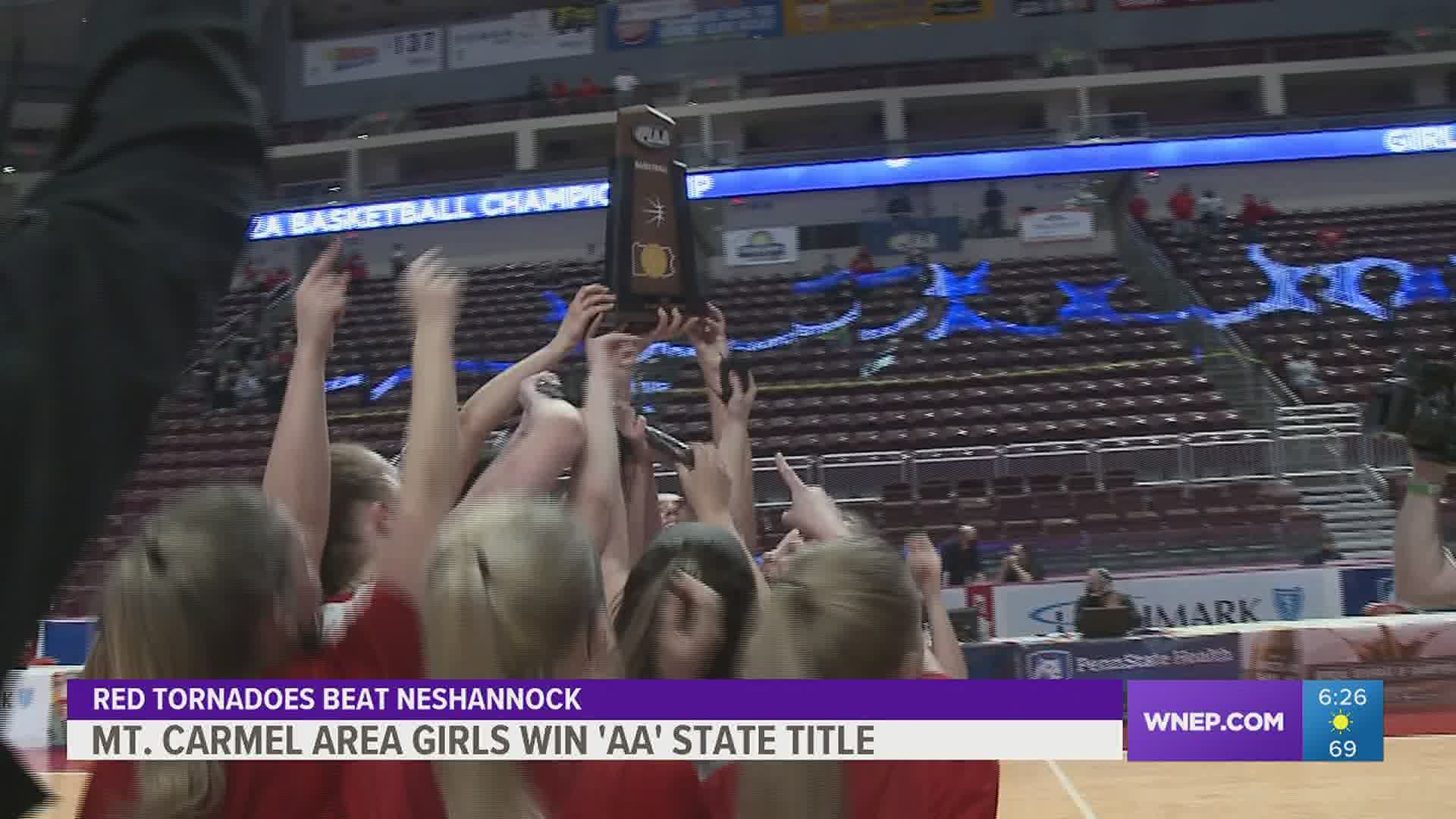 Mt. Carmel Area knocks off Neshannock 54-43 to win the girls 'AA' state basketball Title.  The first State Championship for the program.