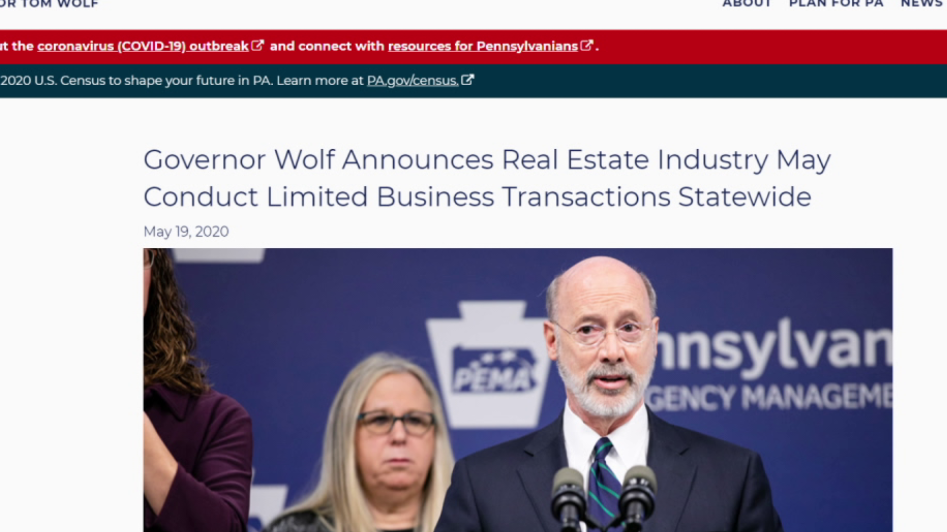 Governor Wolf announced that starting today, the real estate industry can conduct limited business statewide.