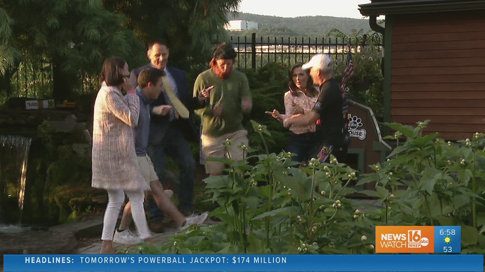 Joe, Chris, and some special guests invaded the backyard Friday morning to do a little jig.