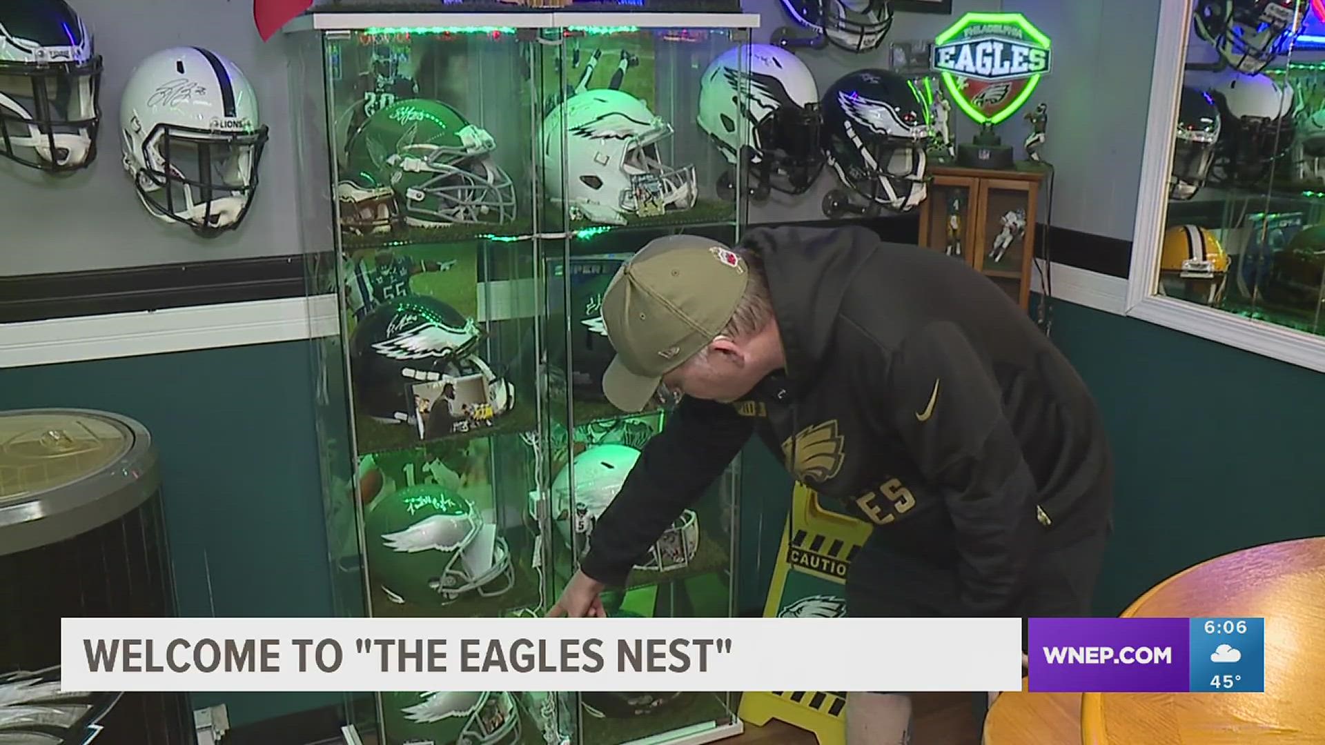 Filled with Eagles memorabilia, a fans' basement has been nicknamed the Eagles nest and it's where they watch every game.