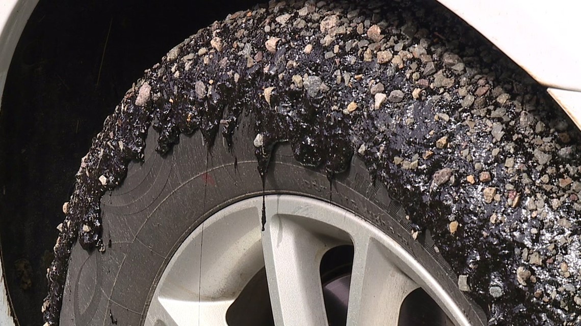 Tires Covered with Tar After Oil, Chips Mixture Fails to Set on Route