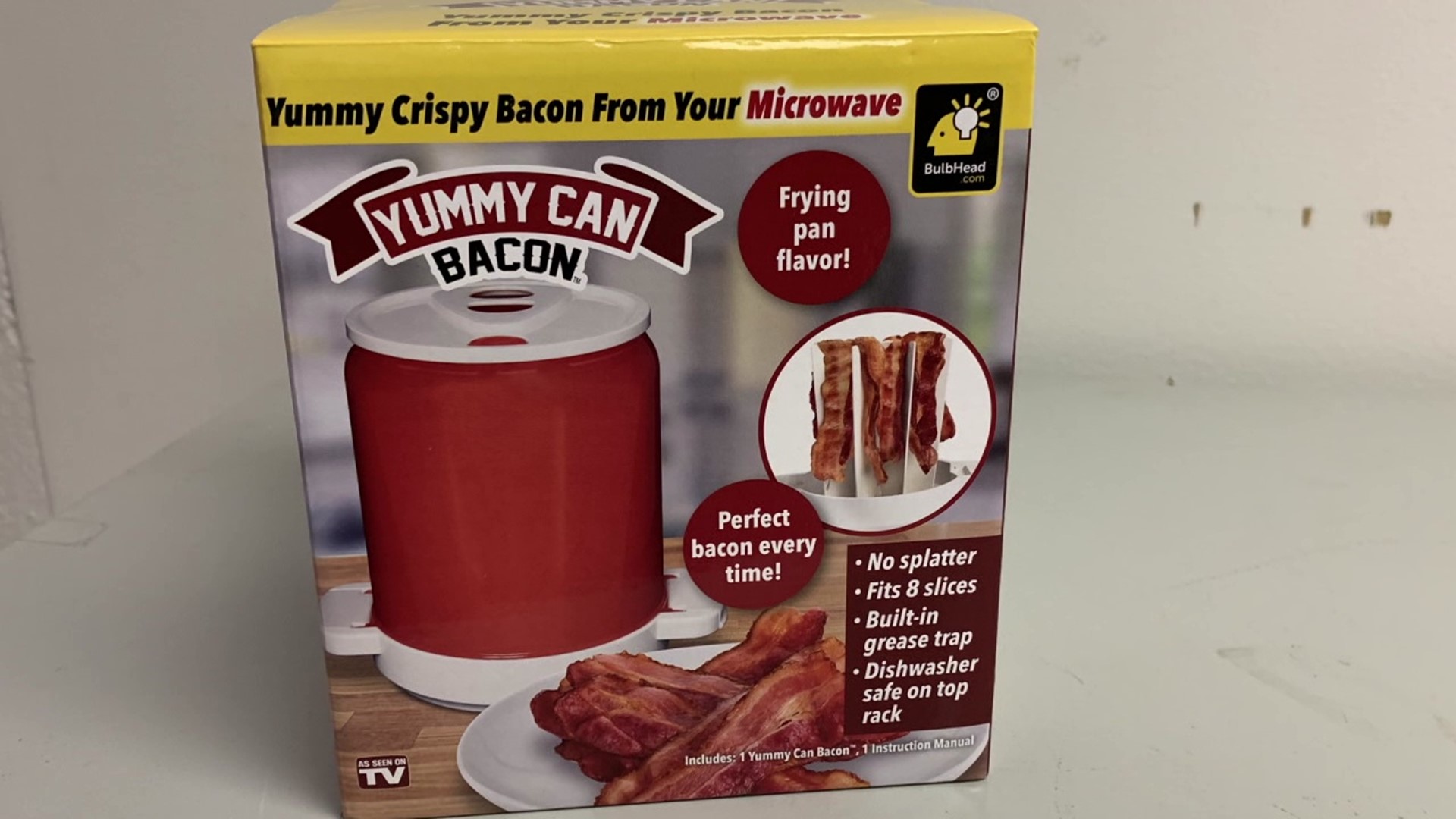 The maker claims that it will make perfect bacon every time and it gives you frying pan flavor without all the grease.