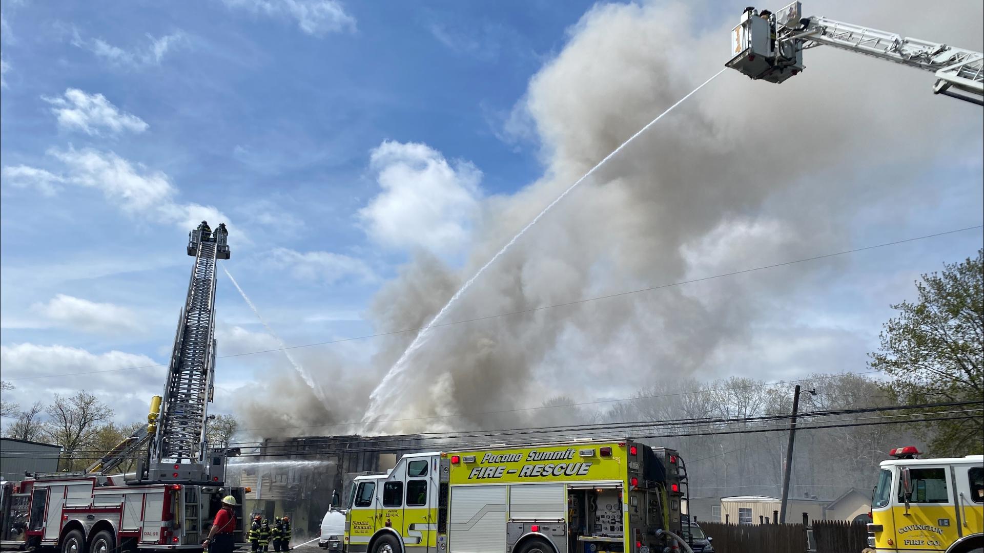 Flames at A&C Used Tires near Tobyhanna broke out around 10 a.m. Friday.