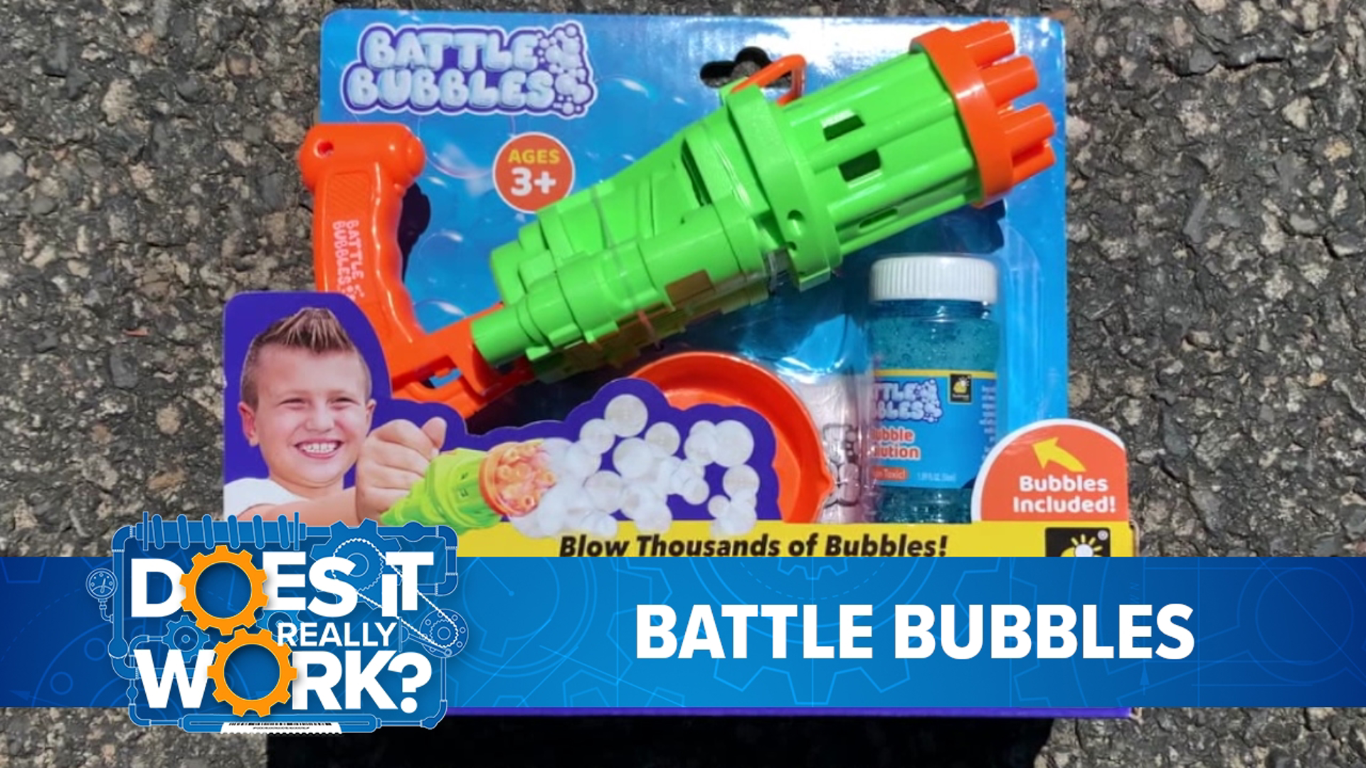 Battle Bubbles is a handheld bubble machine that blows hundreds of bubbles in seconds.