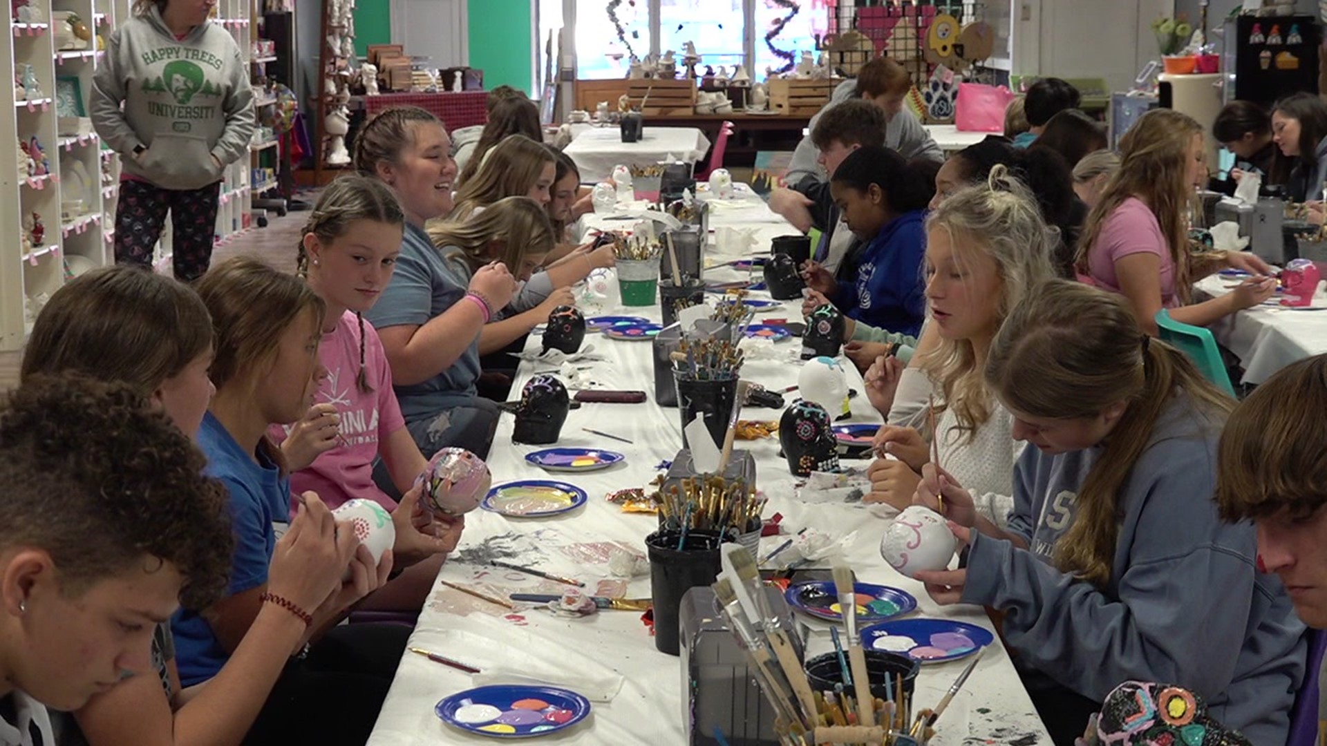 Students from the Schuylkill Haven Area School District got to visit Brush Strokes to paint skulls.