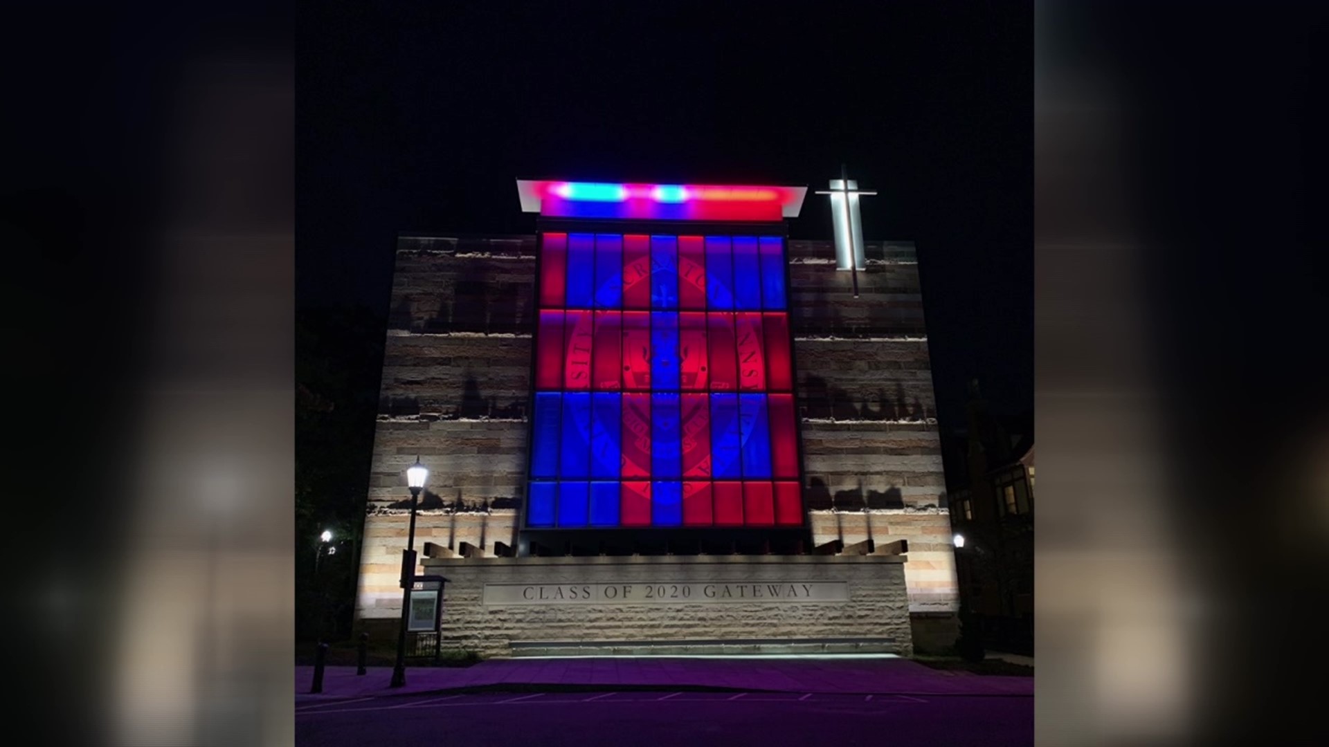 The university has illuminated its Class of 2020 Gateway in red and blue lights.