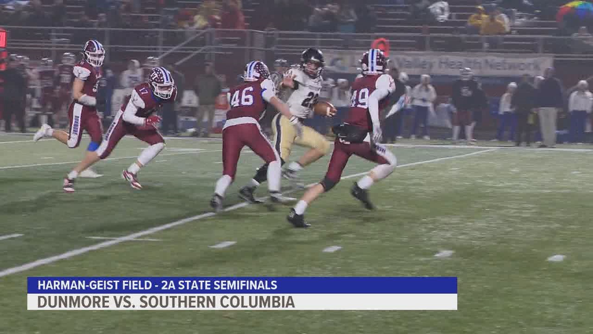 The Southern Columbia Tigers claw past the Dunmore Bucks in the PIAA Class 2A semifinals. Final score 39-7. Tigers advance to the state title game.