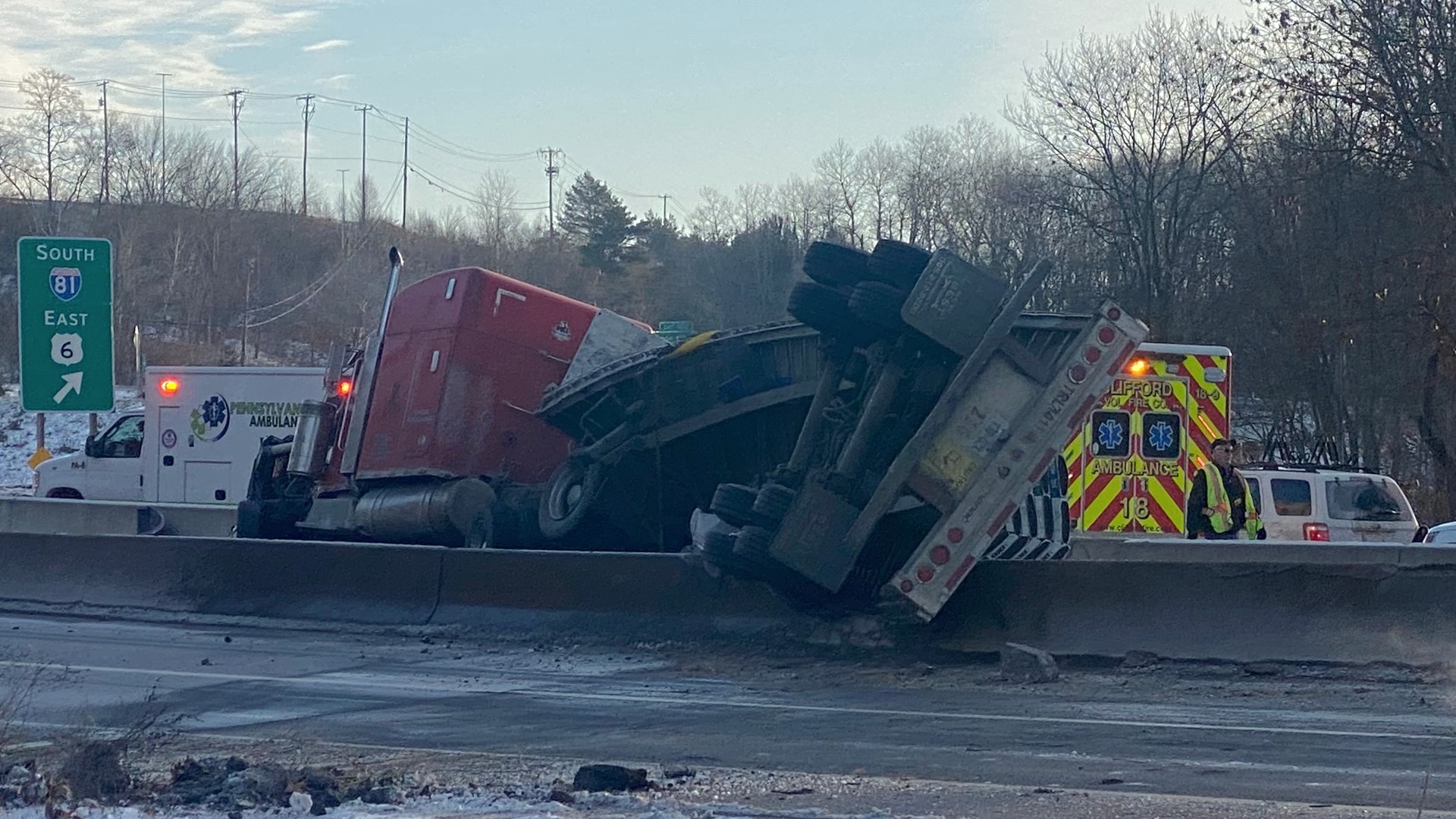 A tractor-trailer crashed after exiting Interstate 81.