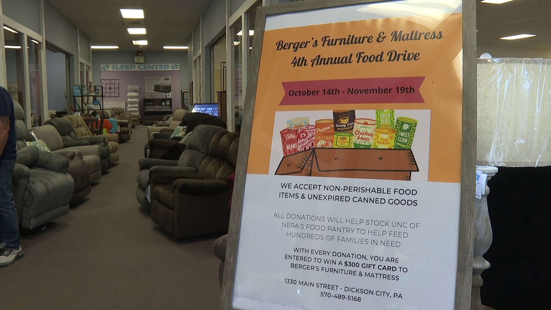 The food drive kicked off Saturday at Berger's Furniture and Mattress in Dickson City and runs through November 19.